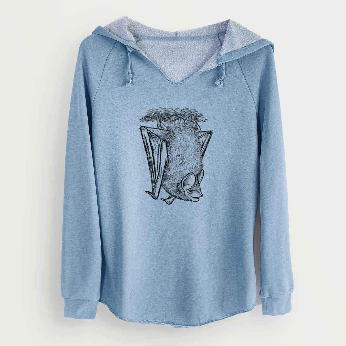 Misty blue women's Cali Wave hooded sweatshirt laid flat, printed with a detailed black ink illustration of a big brown bat hanging upside down.