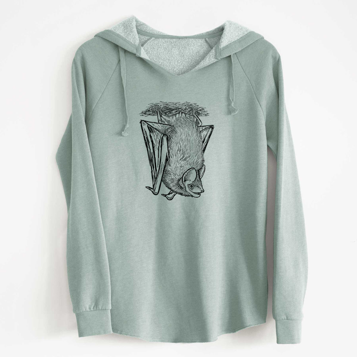 Sage green women's Cali Wave hooded sweatshirt laid flat, printed with a detailed black ink illustration of a big brown bat hanging upside down.