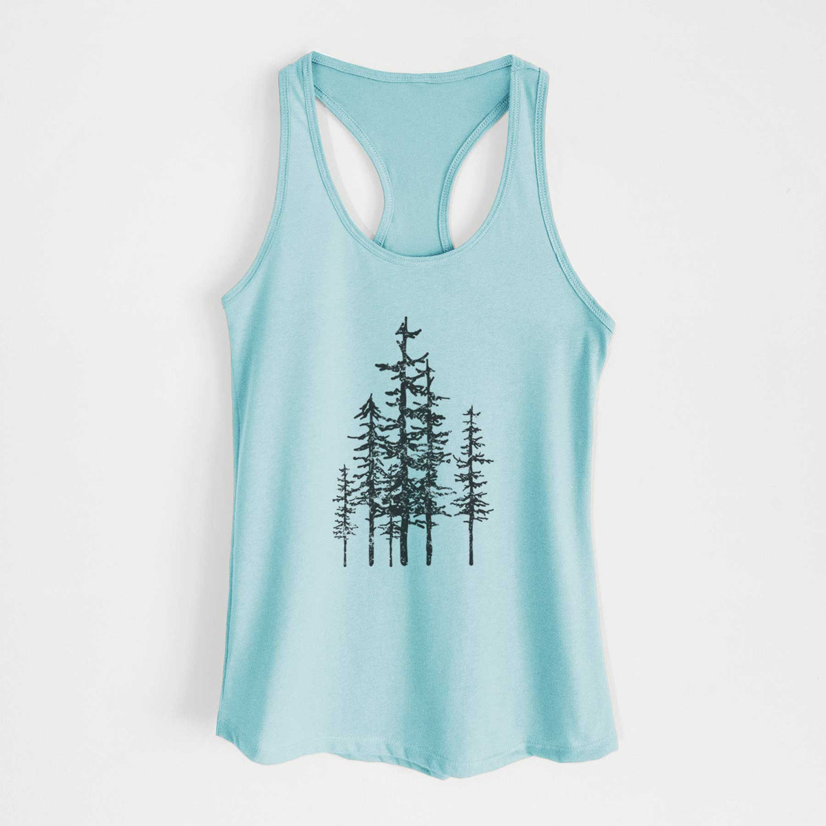 Cancun blue women's racerback tank top laid flat, printed with a black ink illustration of a cluster of evergreen trees of varying heights.