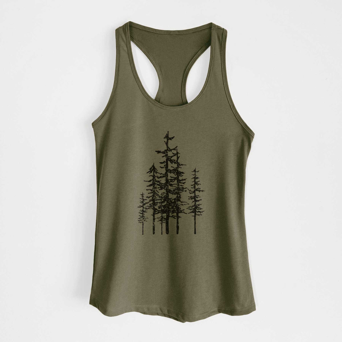 Military green women's racerback tank top laid flat, printed with a black ink illustration of a cluster of evergreen trees of varying heights.