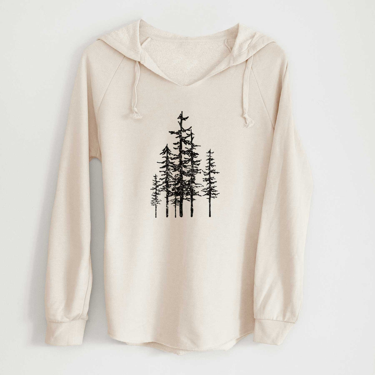 Bone cream women's Cali Wave hooded sweatshirt laid flat, printed with a black ink illustration of a cluster of evergreen trees of varying heights.
