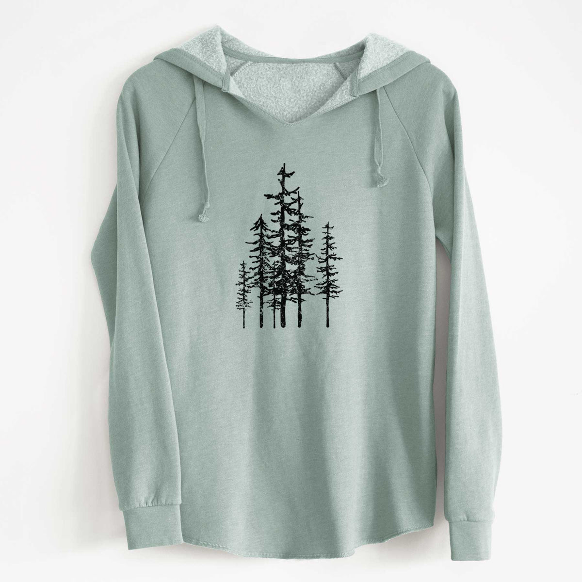 Sage green women's Cali Wave hooded sweatshirt laid flat, printed with a black ink illustration of a cluster of evergreen trees of varying heights.
