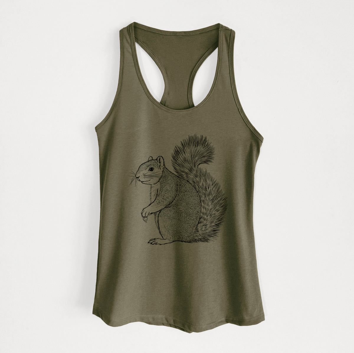 Military green women's racerback tank top laid flat, printed with a detailed black ink illustration of a fox squirrel sitting with a bushy tail.