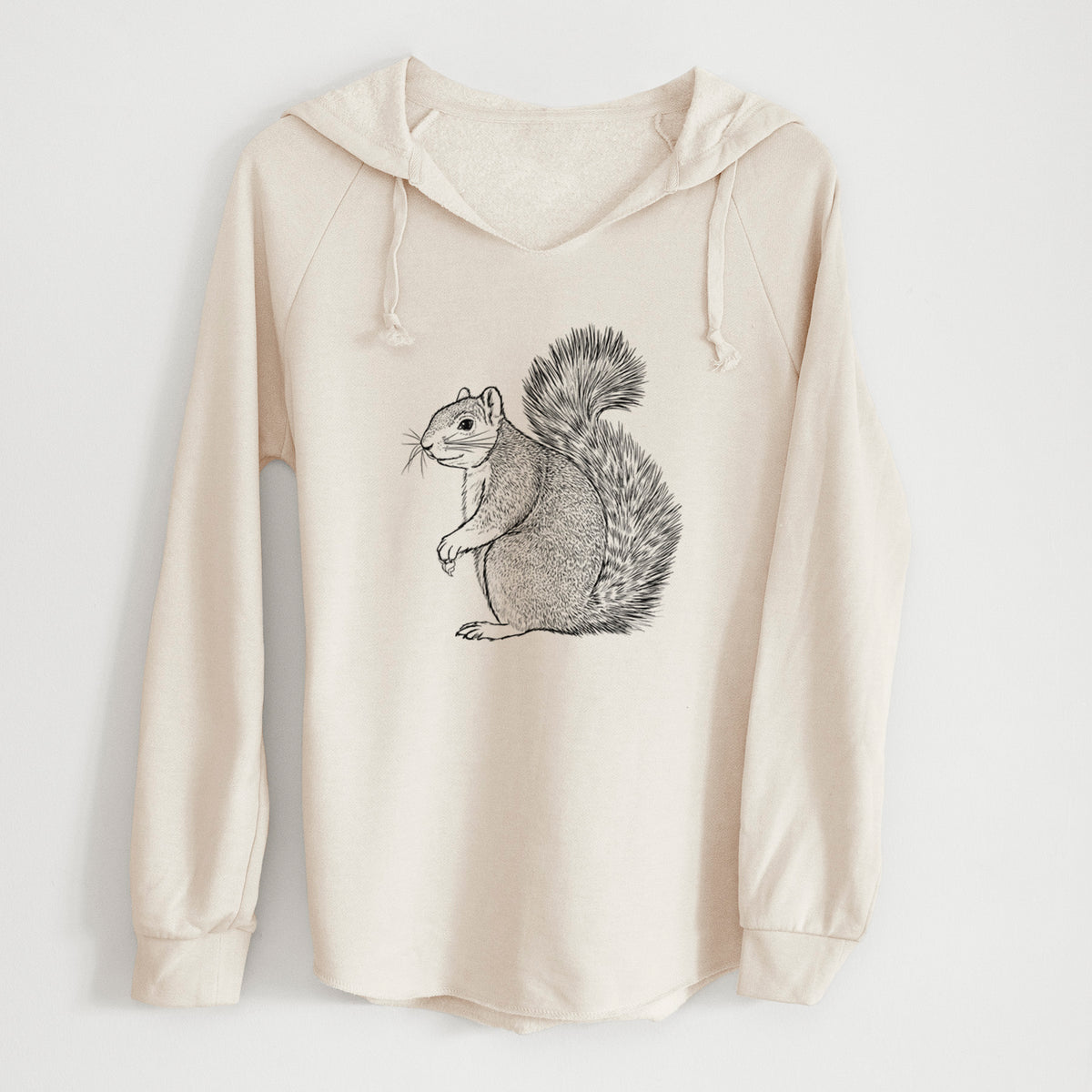 Bone cream women's Cali Wave hooded sweatshirt laid flat, printed with a detailed black ink illustration of a fox squirrel sitting with a bushy tail.