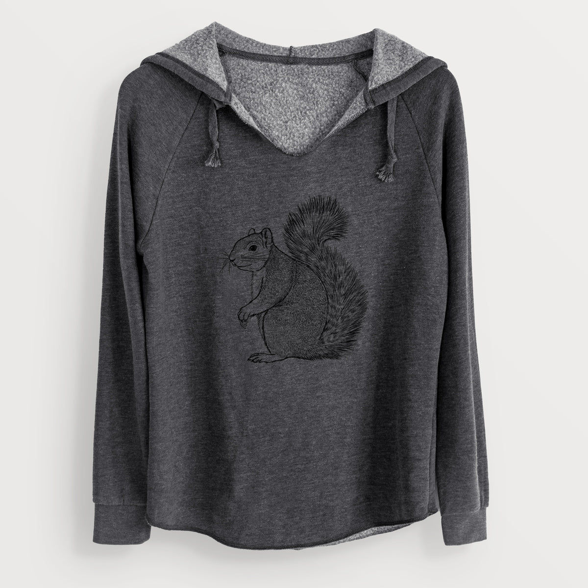 Charcoal grey women's Cali Wave hooded sweatshirt laid flat, printed with a detailed black ink illustration of a fox squirrel sitting with a bushy tail.
