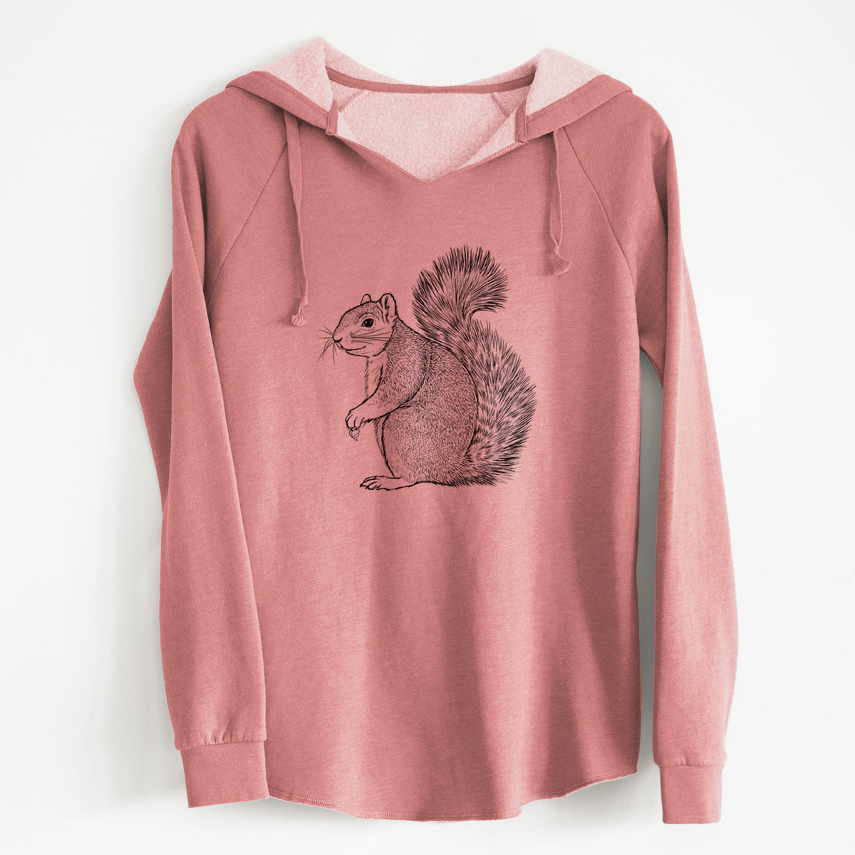 Dusty rose women's Cali Wave hooded sweatshirt laid flat, printed with a detailed black ink illustration of a fox squirrel sitting with a bushy tail.