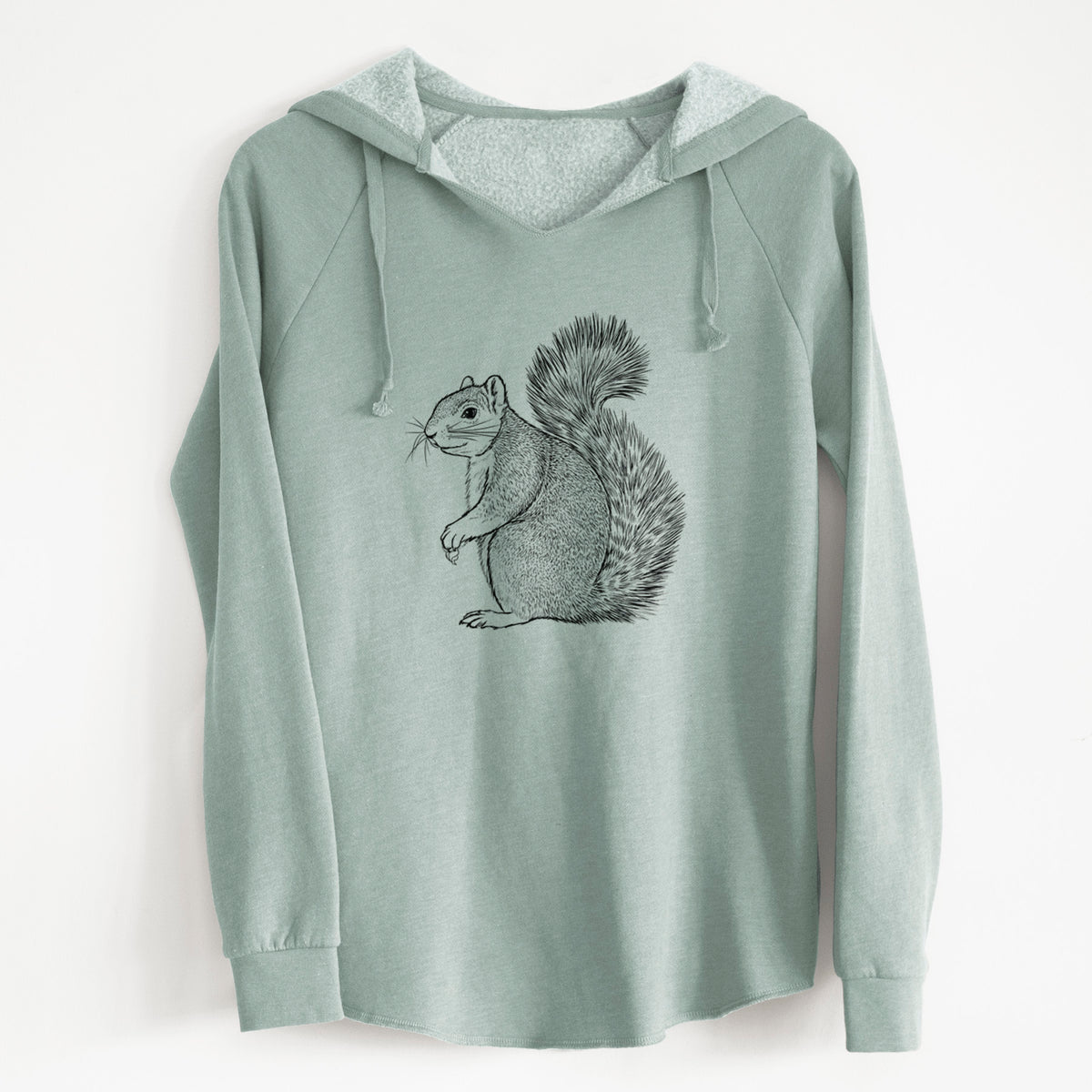 Sage green women's Cali Wave hooded sweatshirt laid flat, printed with a detailed black ink illustration of a fox squirrel sitting with a bushy tail.