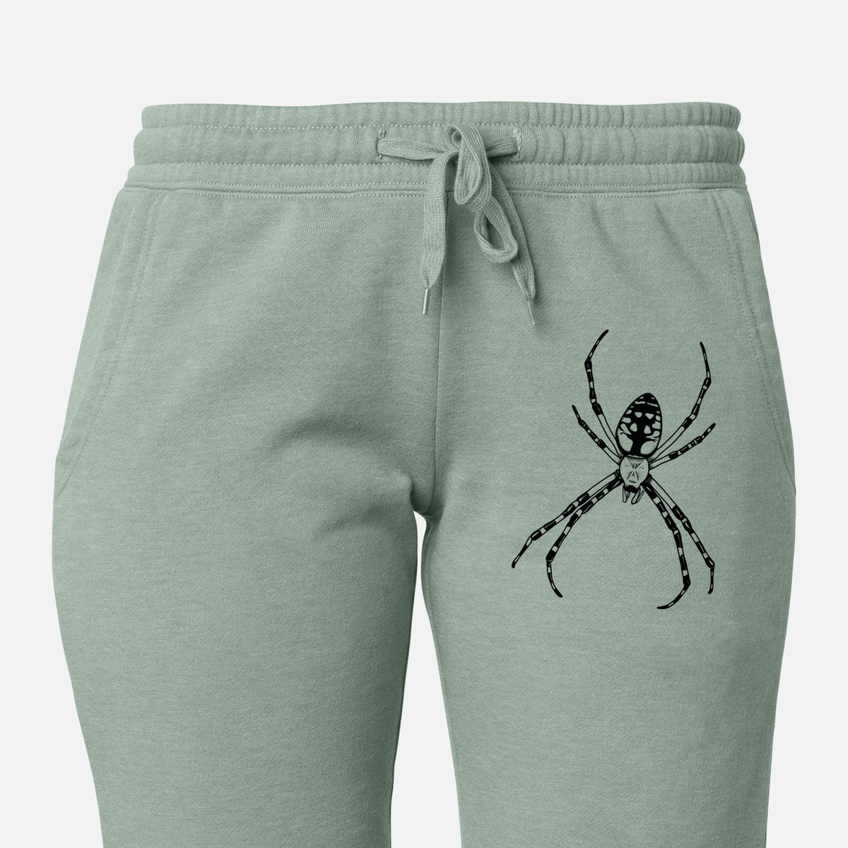 Front of sage green Cali Wave sweatpants, printed with a detailed black ink illustration of a garden spider with long striped legs on the leg.