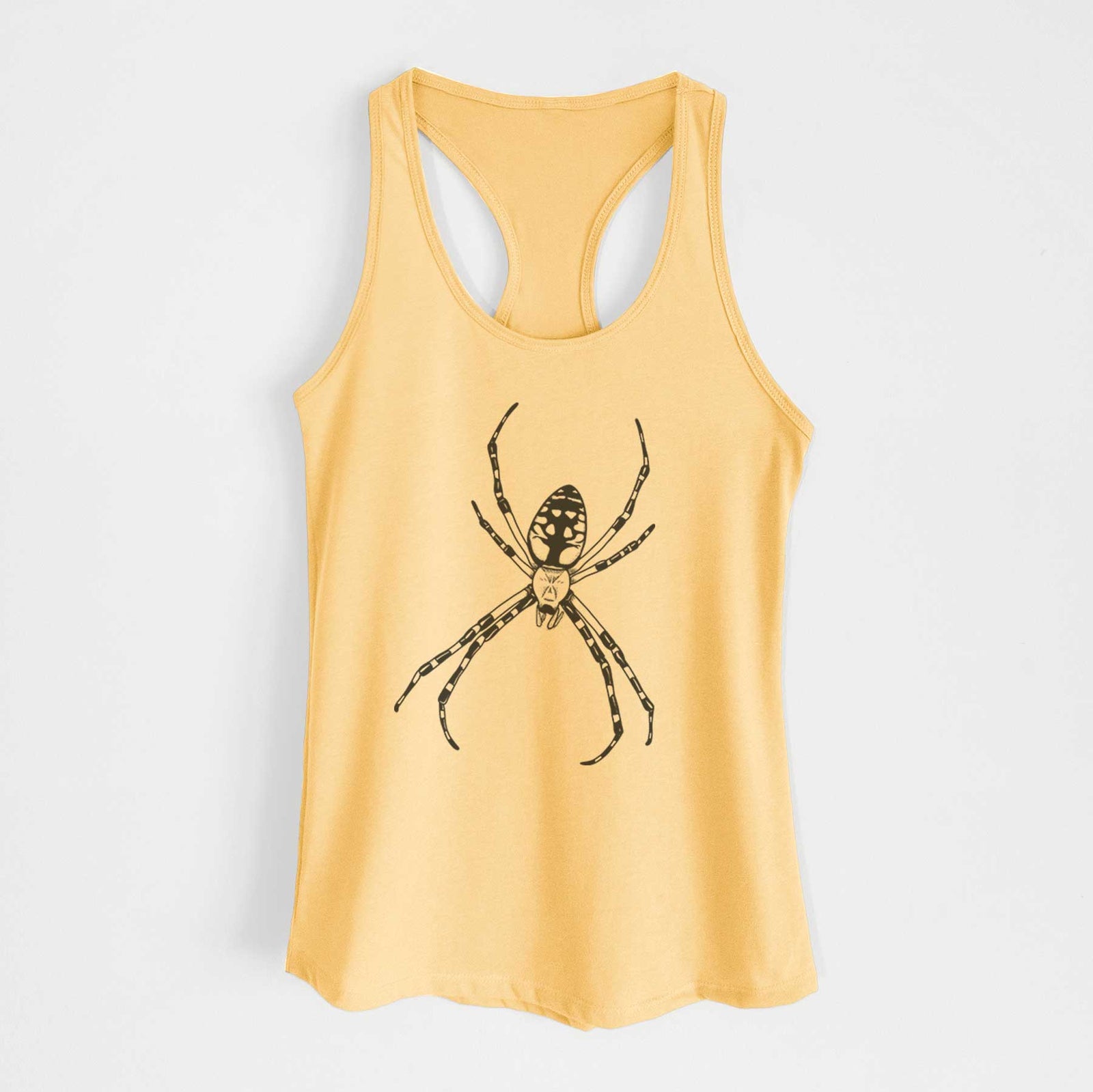 Banana cream women's racerback tank top laid flat, printed with a detailed black ink illustration of a garden spider with long striped legs.