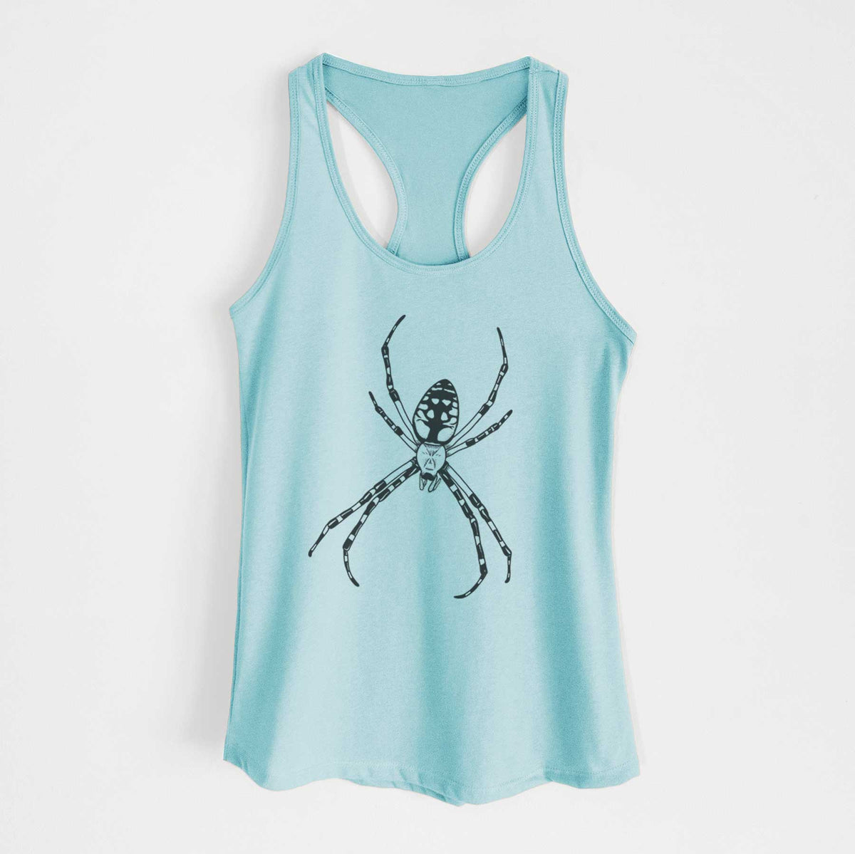 Cancun blue women's racerback tank top laid flat, printed with a detailed black ink illustration of a garden spider with long striped legs.