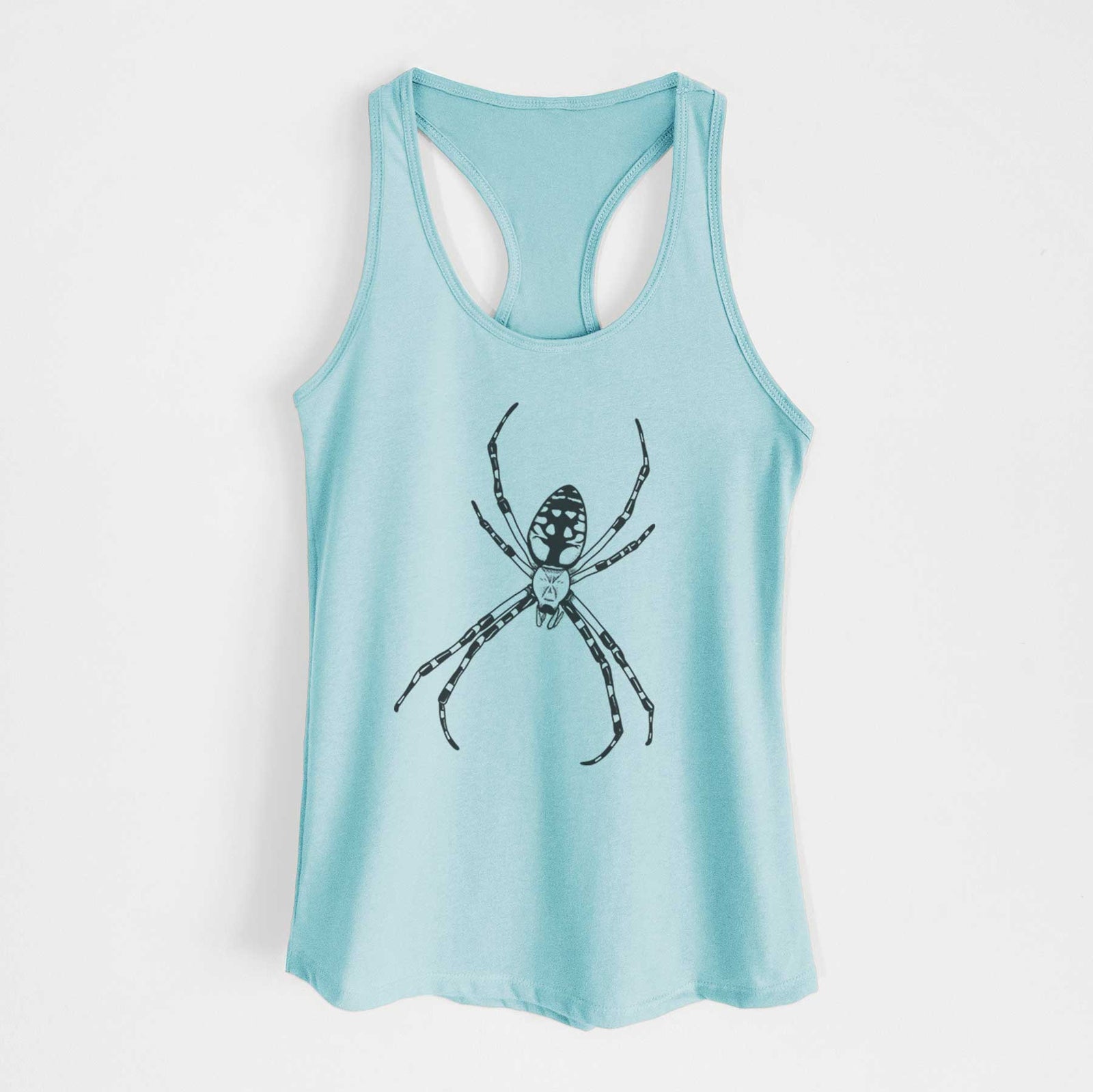 Banana cream women's racerback tank top laid flat, printed with a detailed black ink illustration of a garden spider with long striped legs.