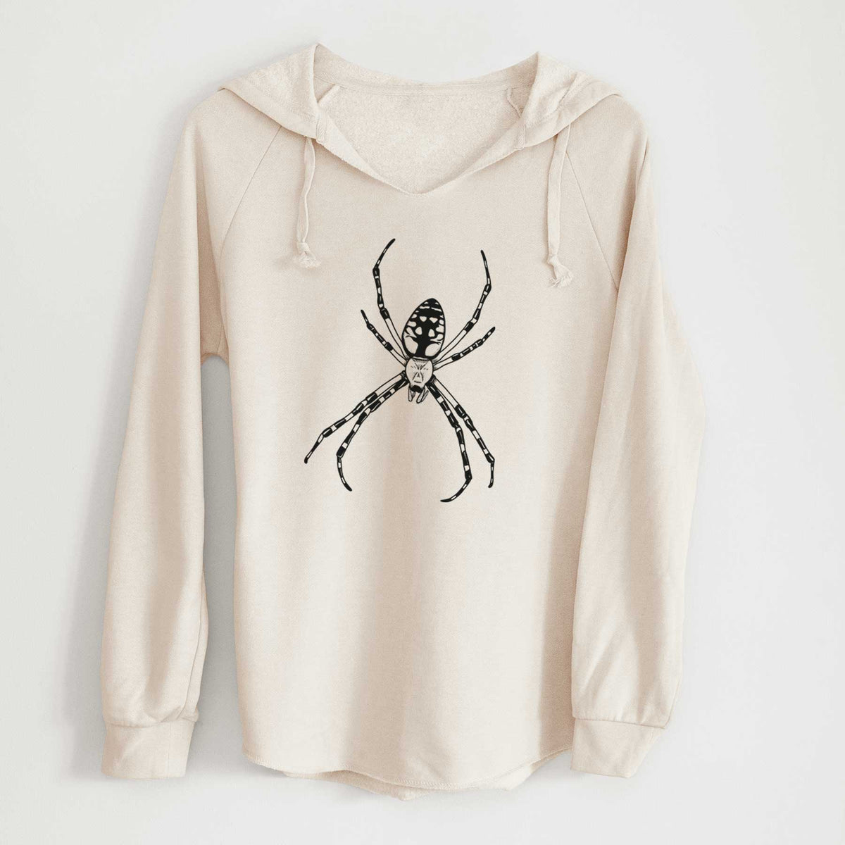 Bone cream women's Cali Wave hooded sweatshirt laid flat, printed with a detailed black ink illustration of a garden spider with long striped legs.