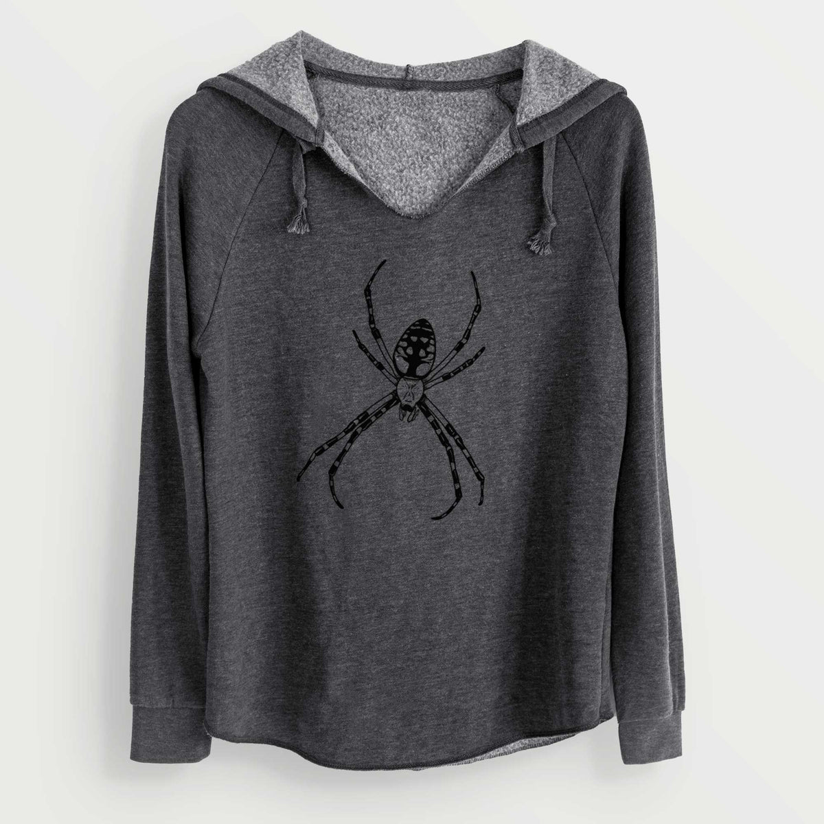 Charcoal grey women's Cali Wave hooded sweatshirt laid flat, printed with a detailed black ink illustration of a garden spider with long striped legs.