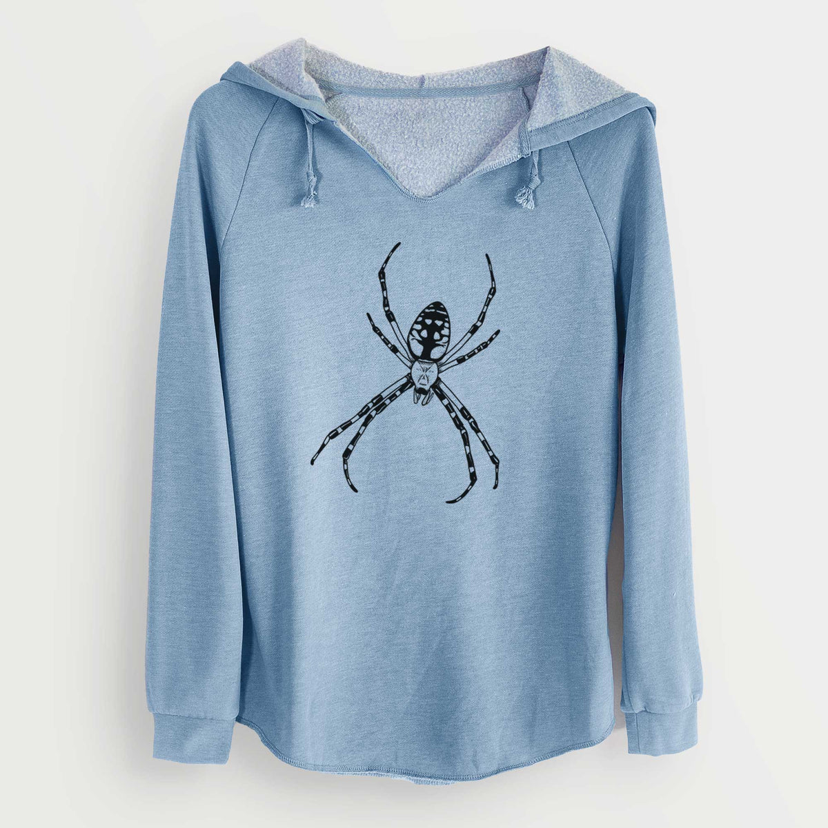 Misty blue women's Cali Wave hooded sweatshirt laid flat, printed with a detailed black ink illustration of a garden spider with long striped legs.