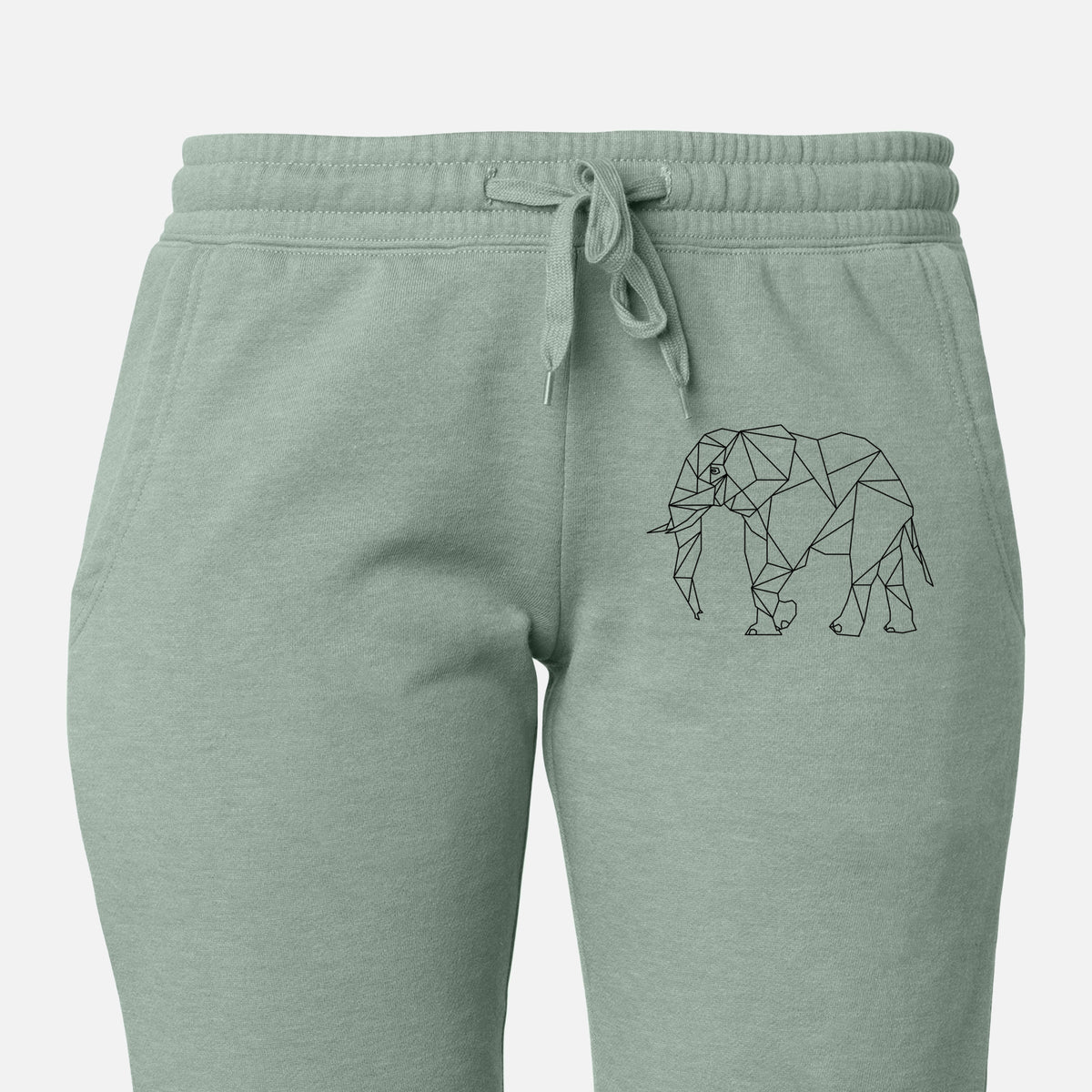 Front of sage green Cali Wave sweatpants, printed with a black geometric line art elephant on the leg.