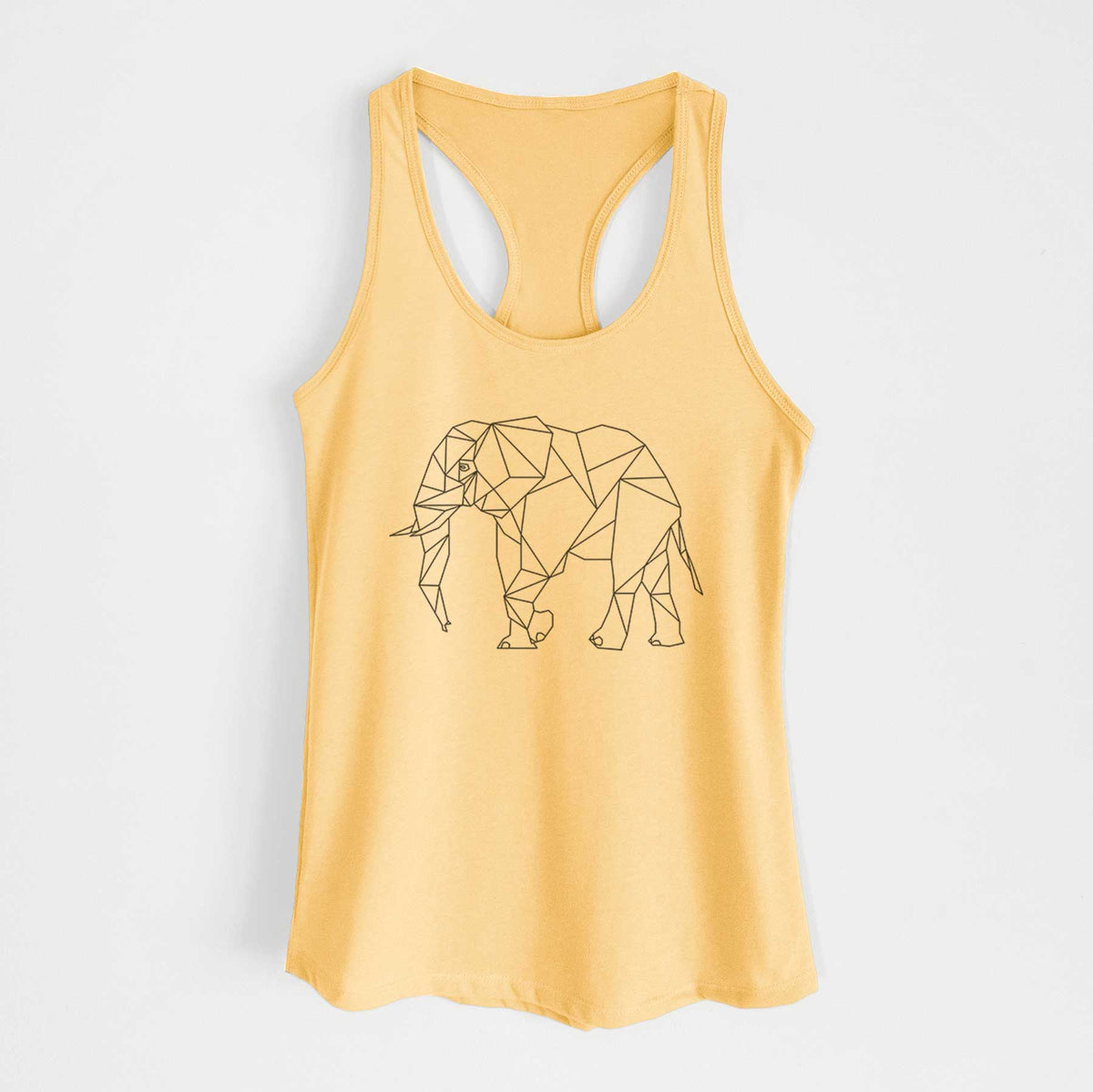 Banana cream women's racerback tank top laid flat, printed with a black geometric line art elephant.