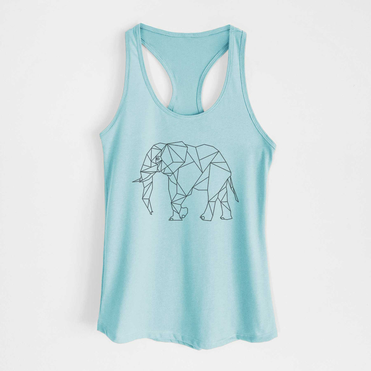 Cancun blue women's racerback tank top laid flat, printed with a black geometric line art elephant.