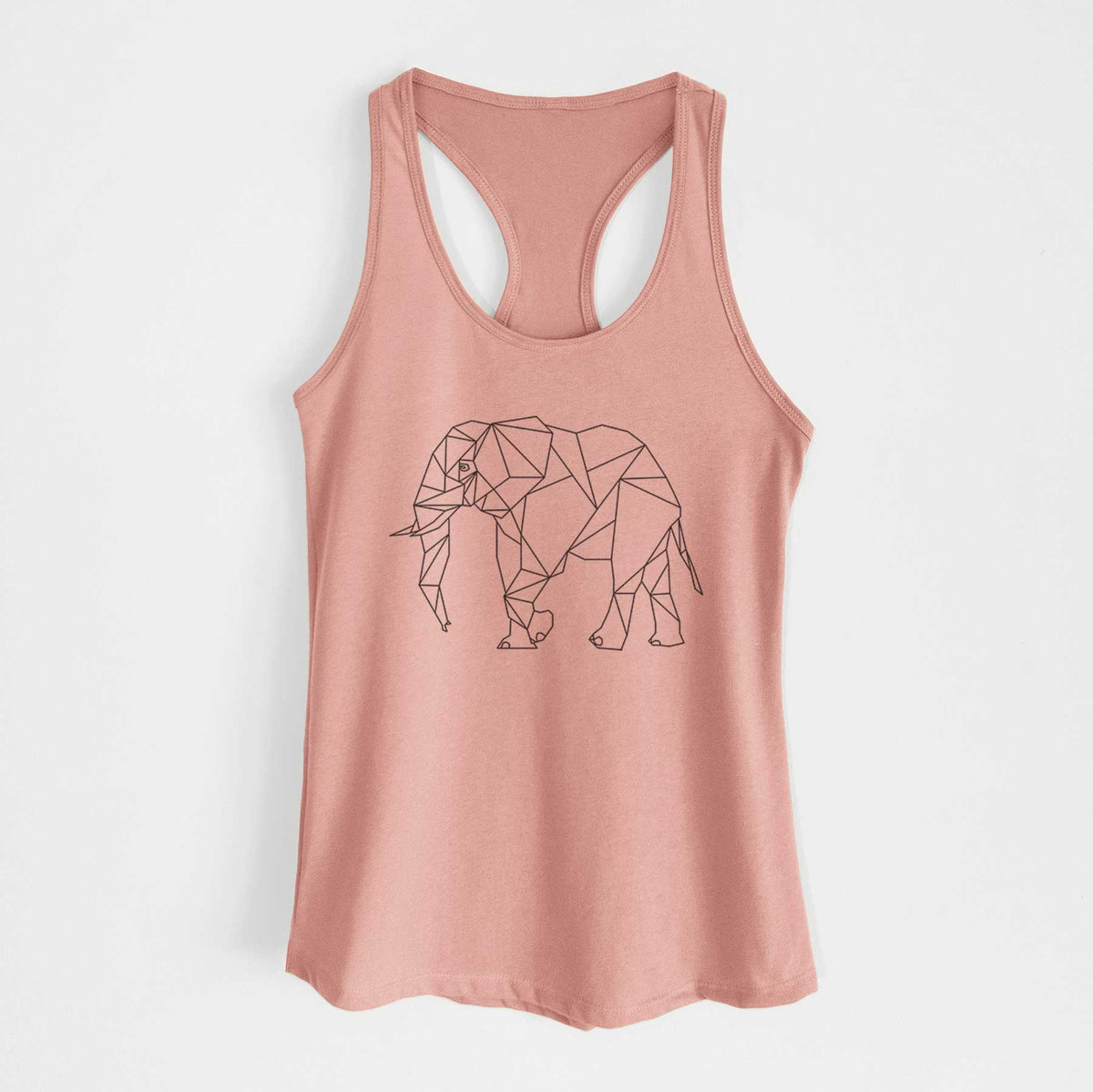 Desert pink women's racerback tank top laid flat, printed with a black geometric line art elephant.