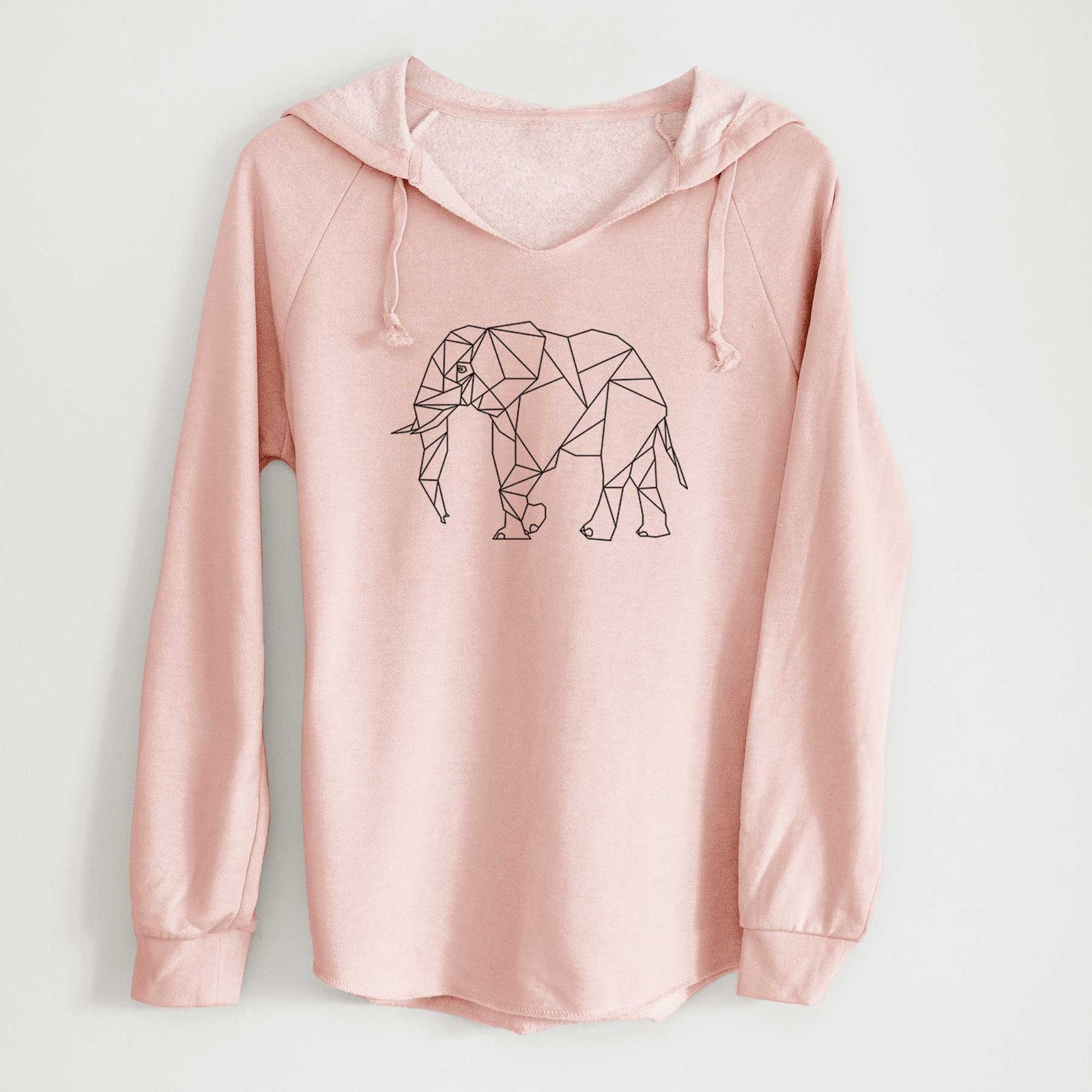 Sage green women's Cali Wave hooded sweatshirt laid flat, printed with a black geometric line art elephant.