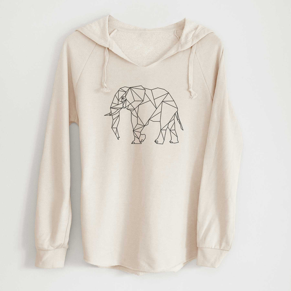 Bone cream women's Cali Wave hooded sweatshirt laid flat, printed with a black geometric line art elephant.