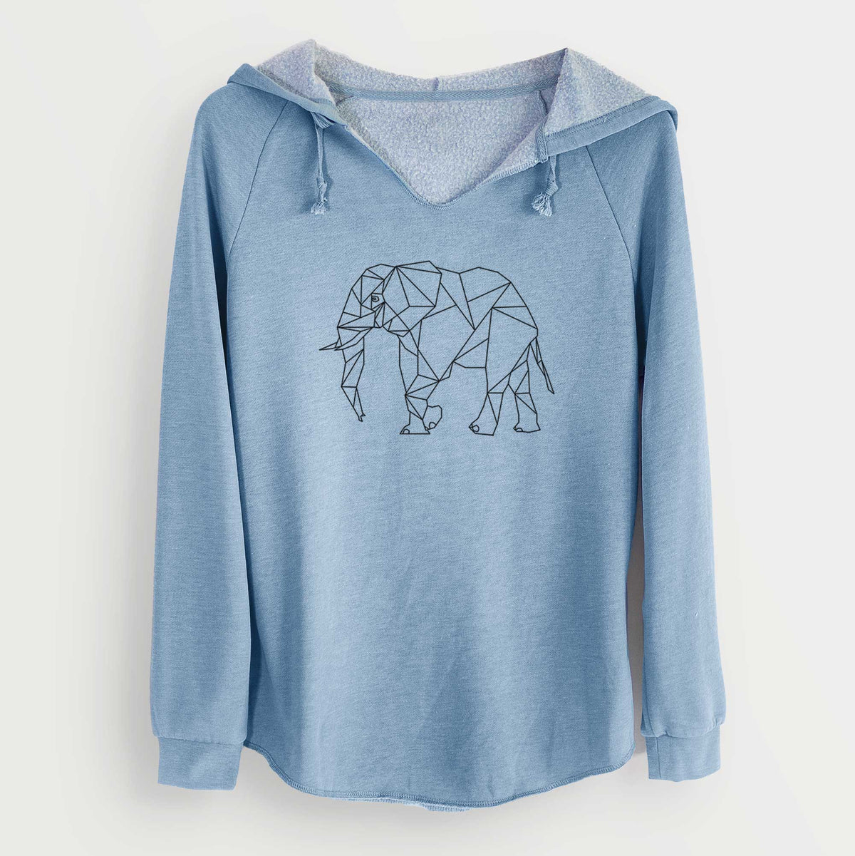 Misty blue women's Cali Wave hooded sweatshirt laid flat, printed with a black geometric line art elephant.