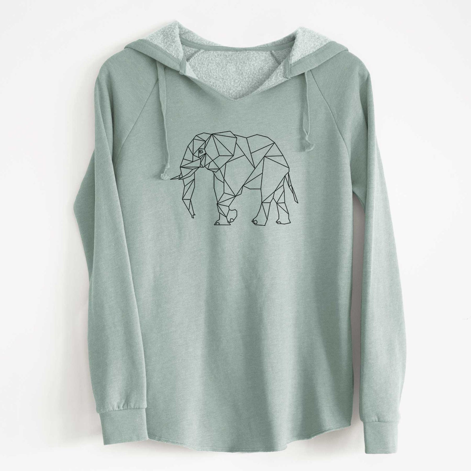 Sage green women's Cali Wave hooded sweatshirt laid flat, printed with a black geometric line art elephant.