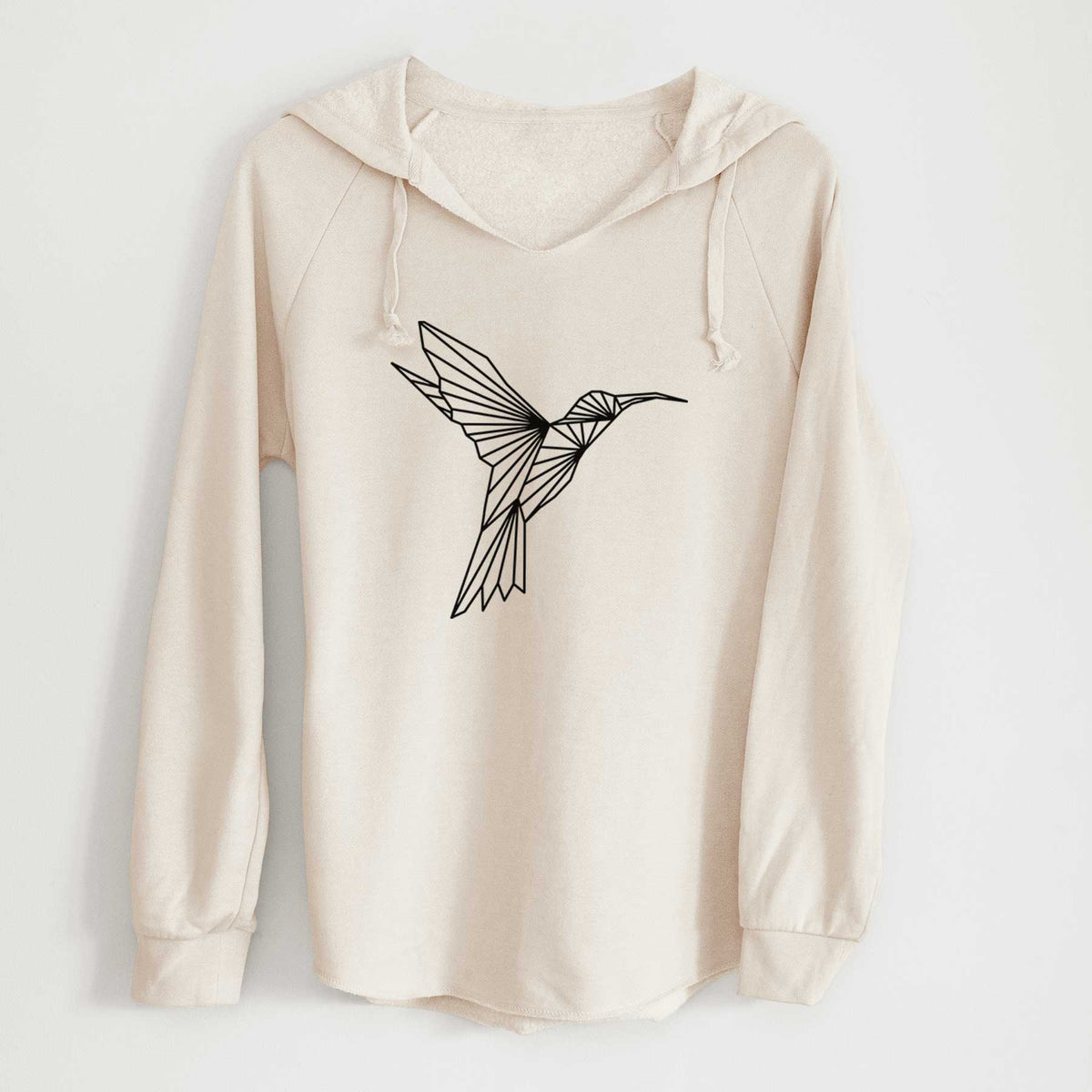 Bone cream women's Cali Wave hooded sweatshirt laid flat, printed with a black geometric line art hummingbird in flight.