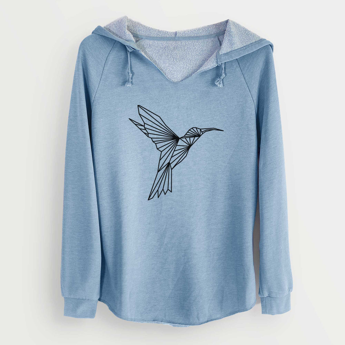 Misty blue women's Cali Wave hooded sweatshirt laid flat, printed with a black geometric line art hummingbird in flight.