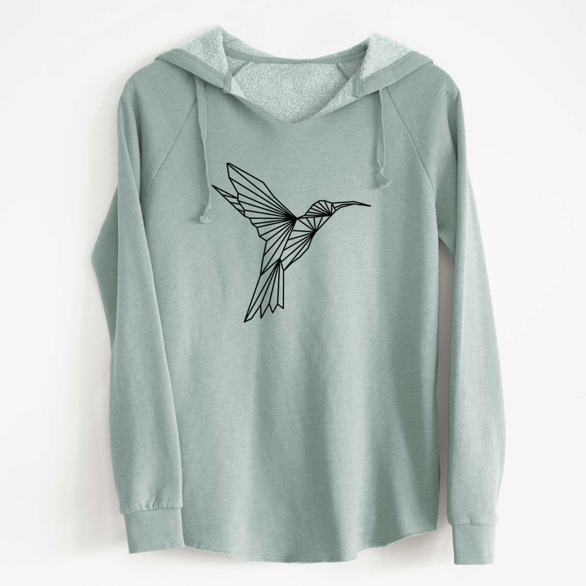 Sage green women's Cali Wave hooded sweatshirt laid flat, printed with a black geometric line art hummingbird in flight.
