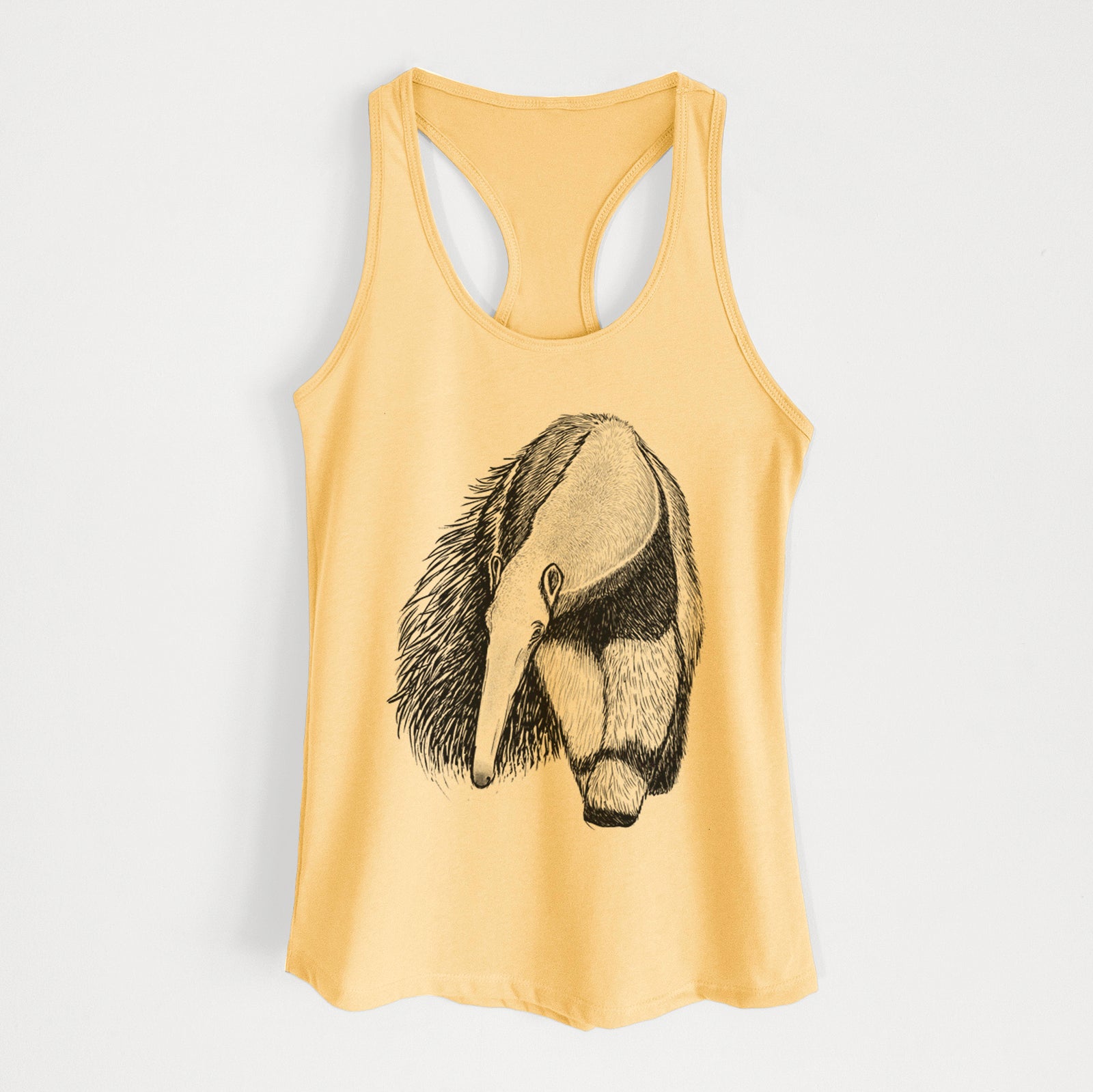 Banana cream women's racerback tank top laid flat, printed with a detailed black ink illustration of a giant anteater with its long snout and bushy tail.