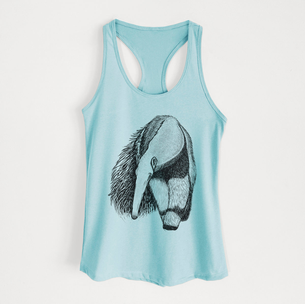 Cancun blue women's racerback tank top laid flat, printed with a detailed black ink illustration of a giant anteater with its long snout and bushy tail.