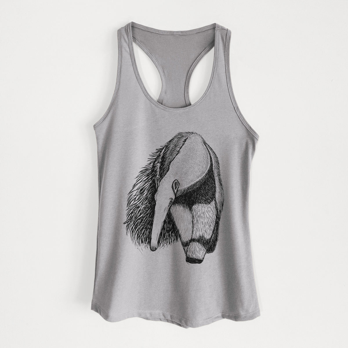 Heather grey women's racerback tank top laid flat, printed with a detailed black ink illustration of a giant anteater with its long snout and bushy tail.
