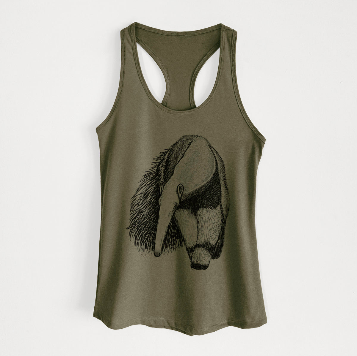 Military green women's racerback tank top laid flat, printed with a detailed black ink illustration of a giant anteater with its long snout and bushy tail.