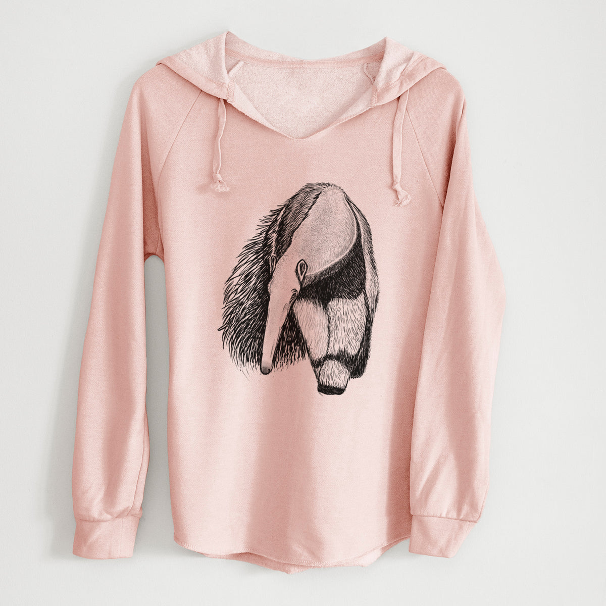 Blush pink women's Cali Wave hooded sweatshirt laid flat, printed with a detailed black ink illustration of a giant anteater with its long snout and bushy tail.