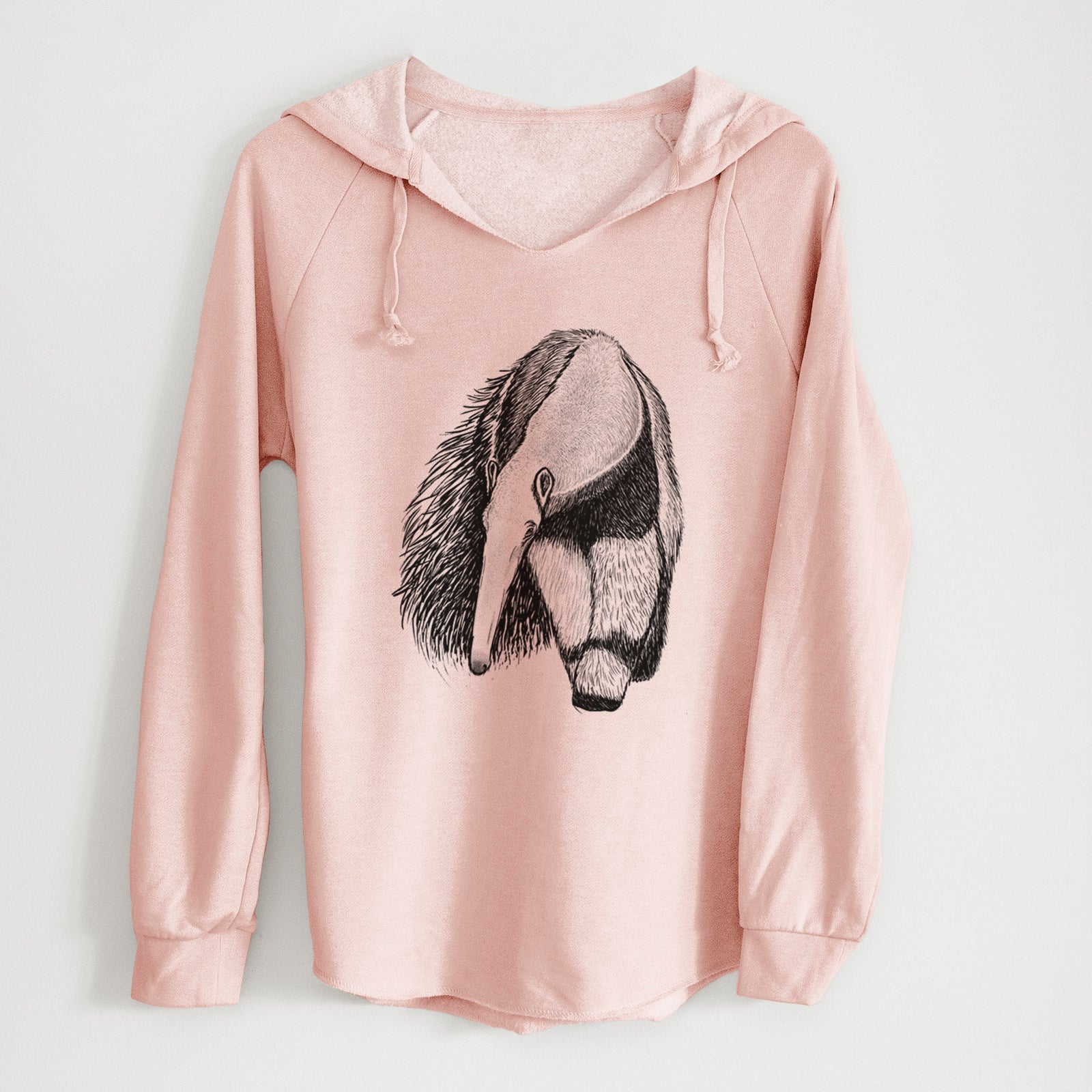 Sage green women's Cali Wave hooded sweatshirt laid flat, printed with a detailed black ink illustration of a giant anteater with its long snout and bushy tail.