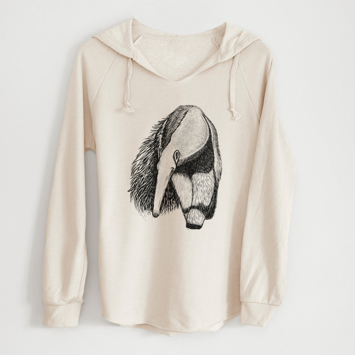 Bone cream women's Cali Wave hooded sweatshirt laid flat, printed with a detailed black ink illustration of a giant anteater with its long snout and bushy tail.
