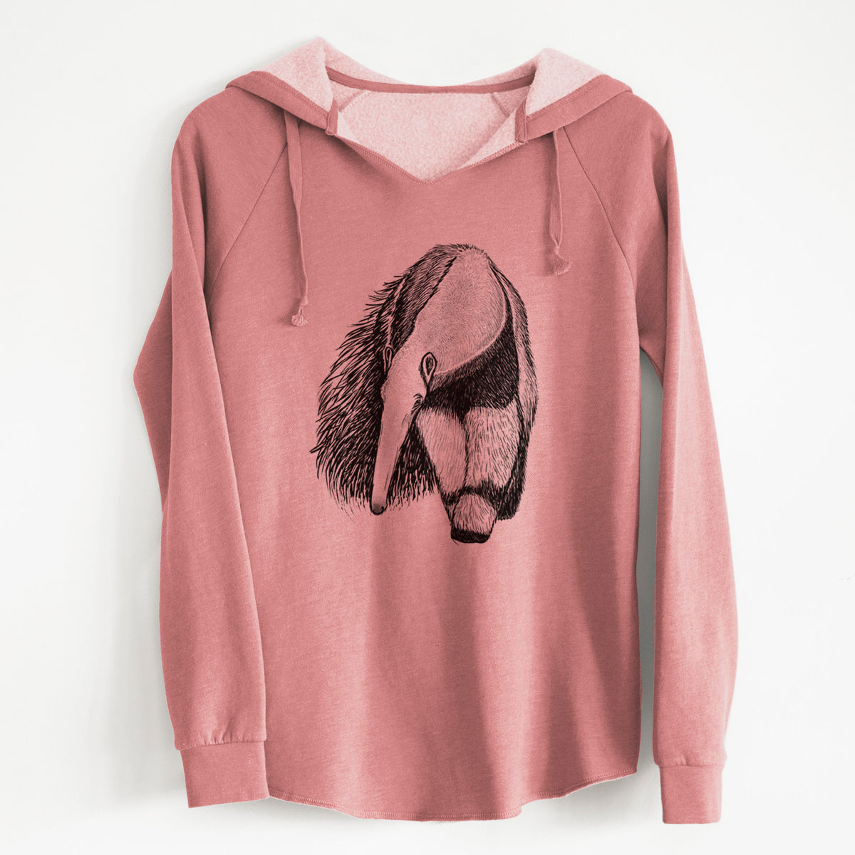 Dusty rose women's Cali Wave hooded sweatshirt laid flat, printed with a detailed black ink illustration of a giant anteater with its long snout and bushy tail.