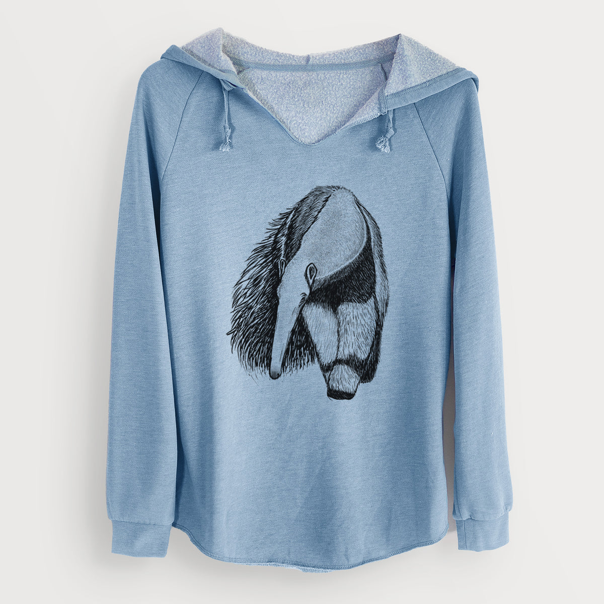 Misty blue women's Cali Wave hooded sweatshirt laid flat, printed with a detailed black ink illustration of a giant anteater with its long snout and bushy tail.