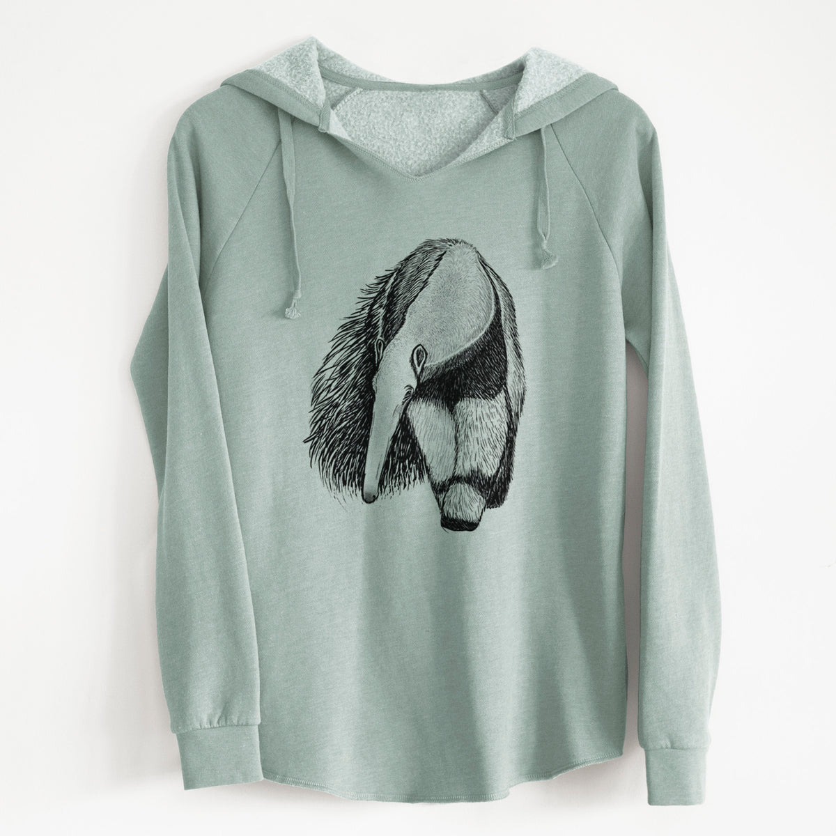 Sage green women's Cali Wave hooded sweatshirt laid flat, printed with a detailed black ink illustration of a giant anteater with its long snout and bushy tail.