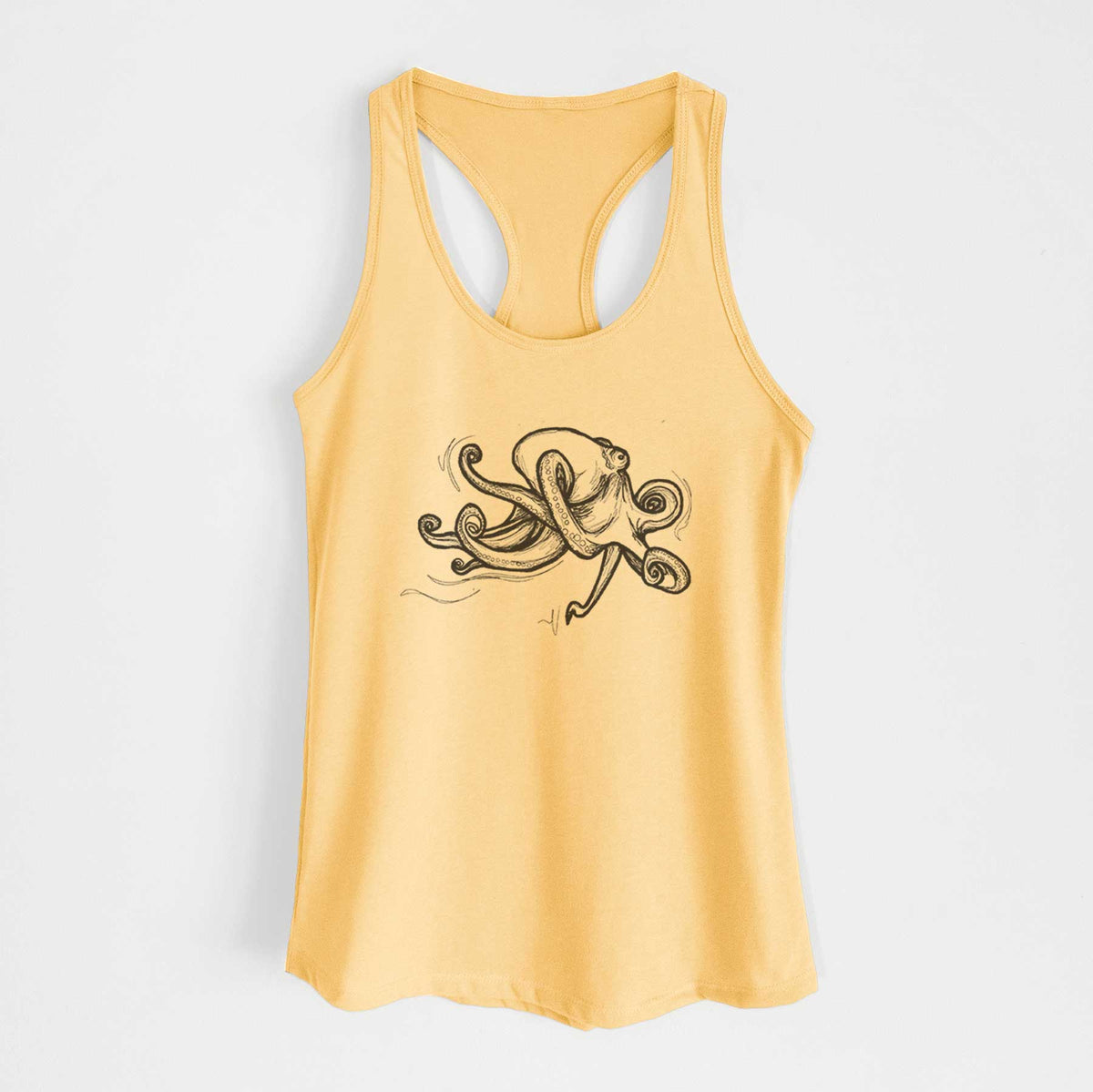 Banana cream women's racerback tank top laid flat, printed with a black ink illustration of a giant Pacific octopus with curling tentacles.