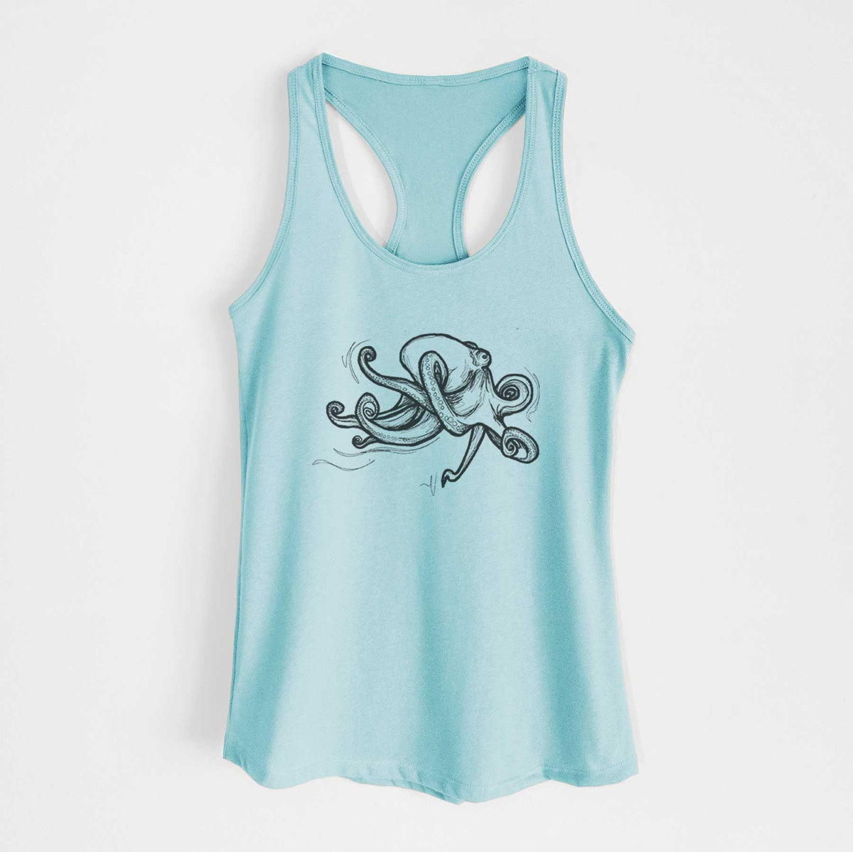 Cancun blue women's racerback tank top laid flat, printed with a black ink illustration of a giant Pacific octopus with curling tentacles.