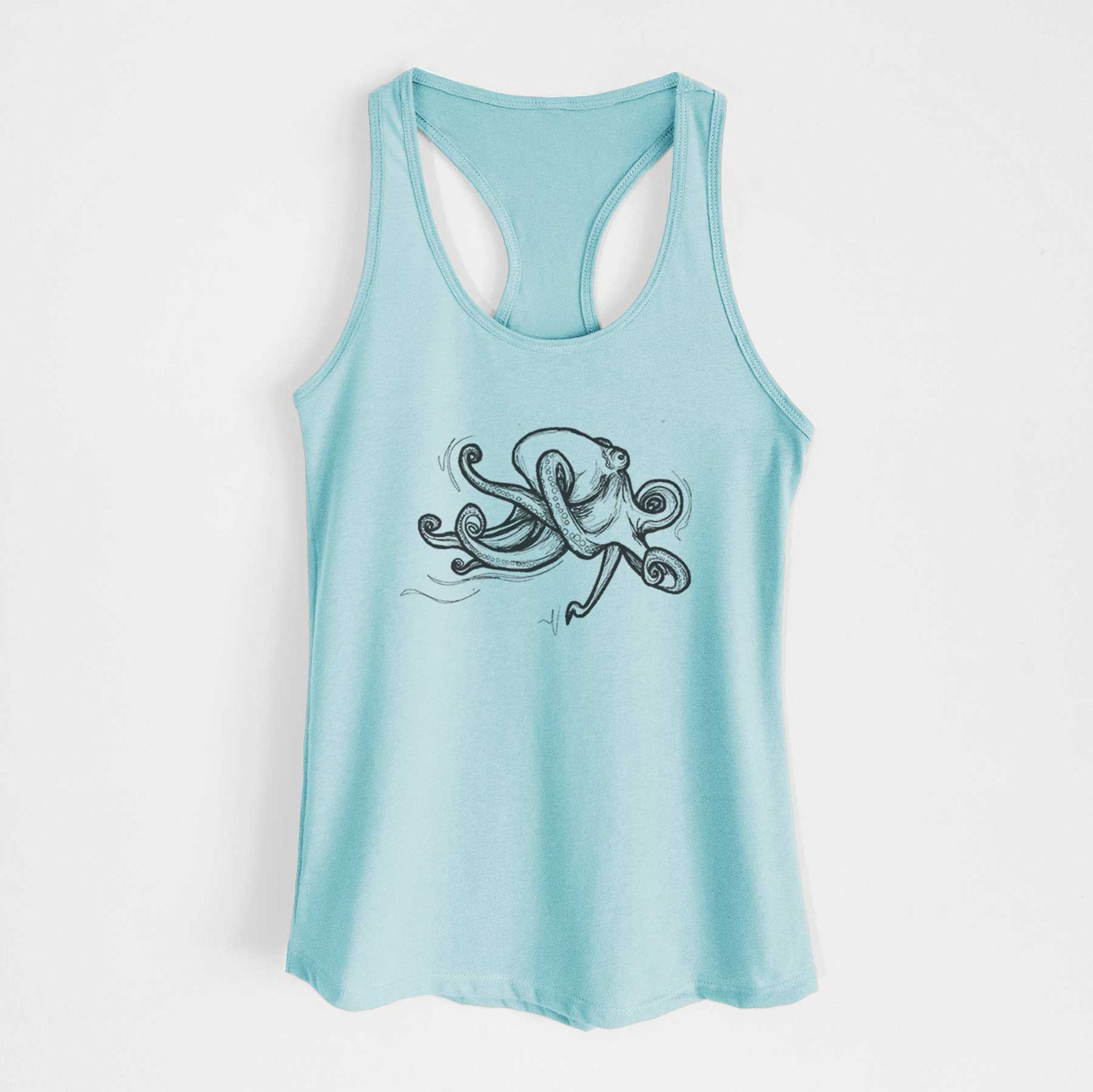Cancun blue women's racerback tank top laid flat, printed with a black ink illustration of a giant Pacific octopus with curling tentacles.