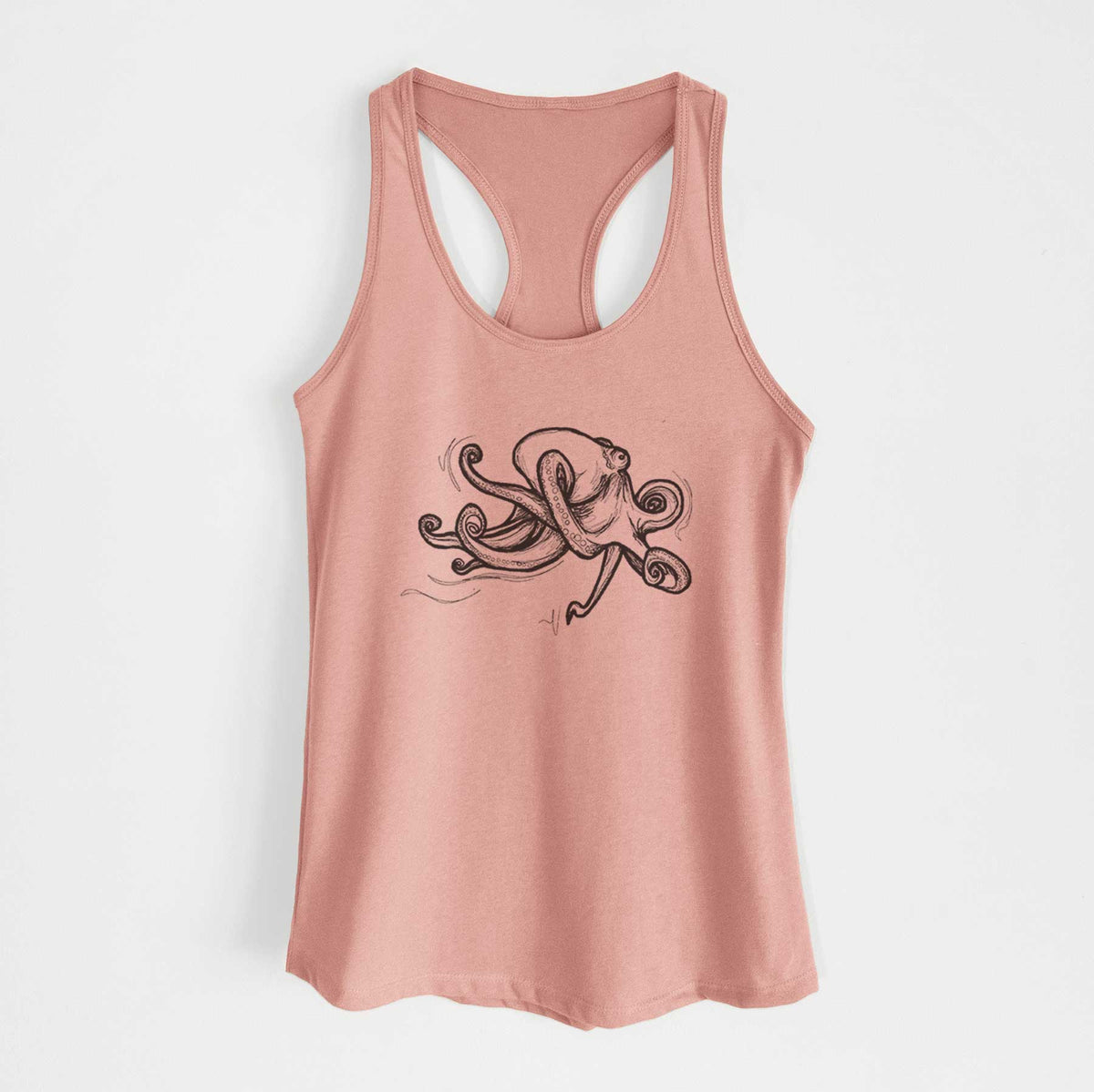 Desert pink women's racerback tank top laid flat, printed with a black ink illustration of a giant Pacific octopus with curling tentacles.