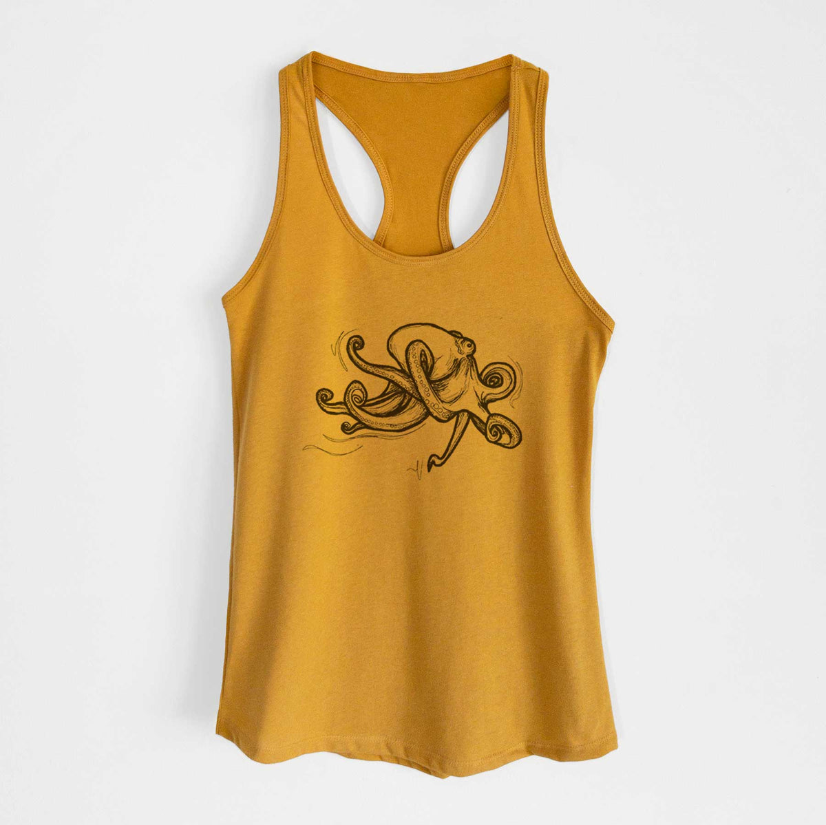 Gold women's racerback tank top laid flat, printed with a black ink illustration of a giant Pacific octopus with curling tentacles.