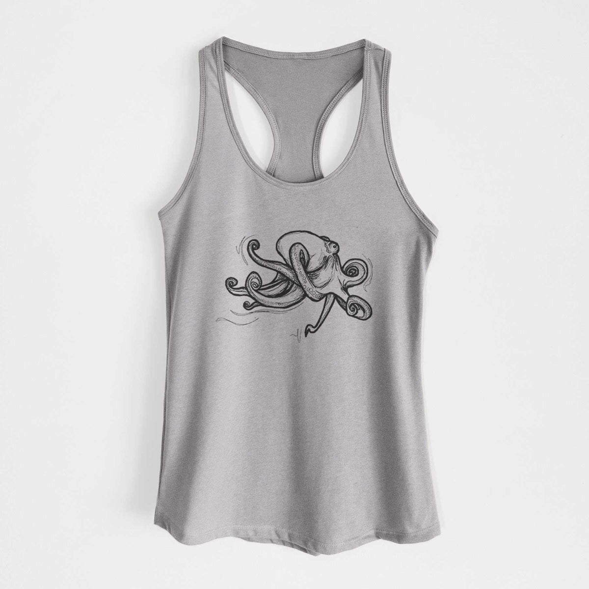 Heather grey women's racerback tank top laid flat, printed with a black ink illustration of a giant Pacific octopus with curling tentacles.