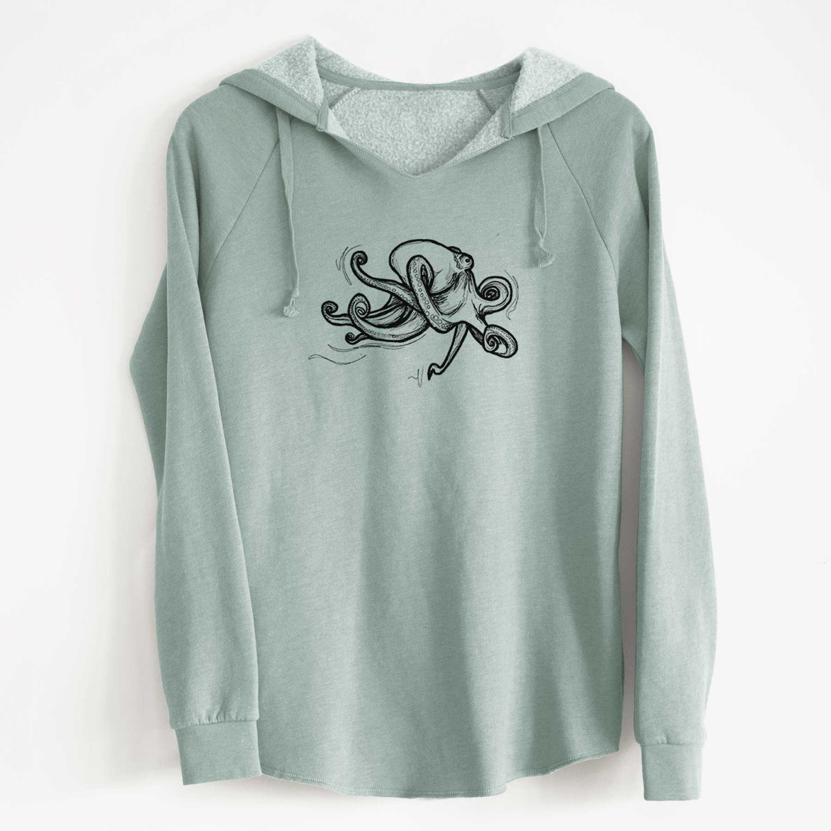 Sage green women's Cali Wave hooded sweatshirt laid flat, printed with a black ink illustration of a giant Pacific octopus with curling tentacles.