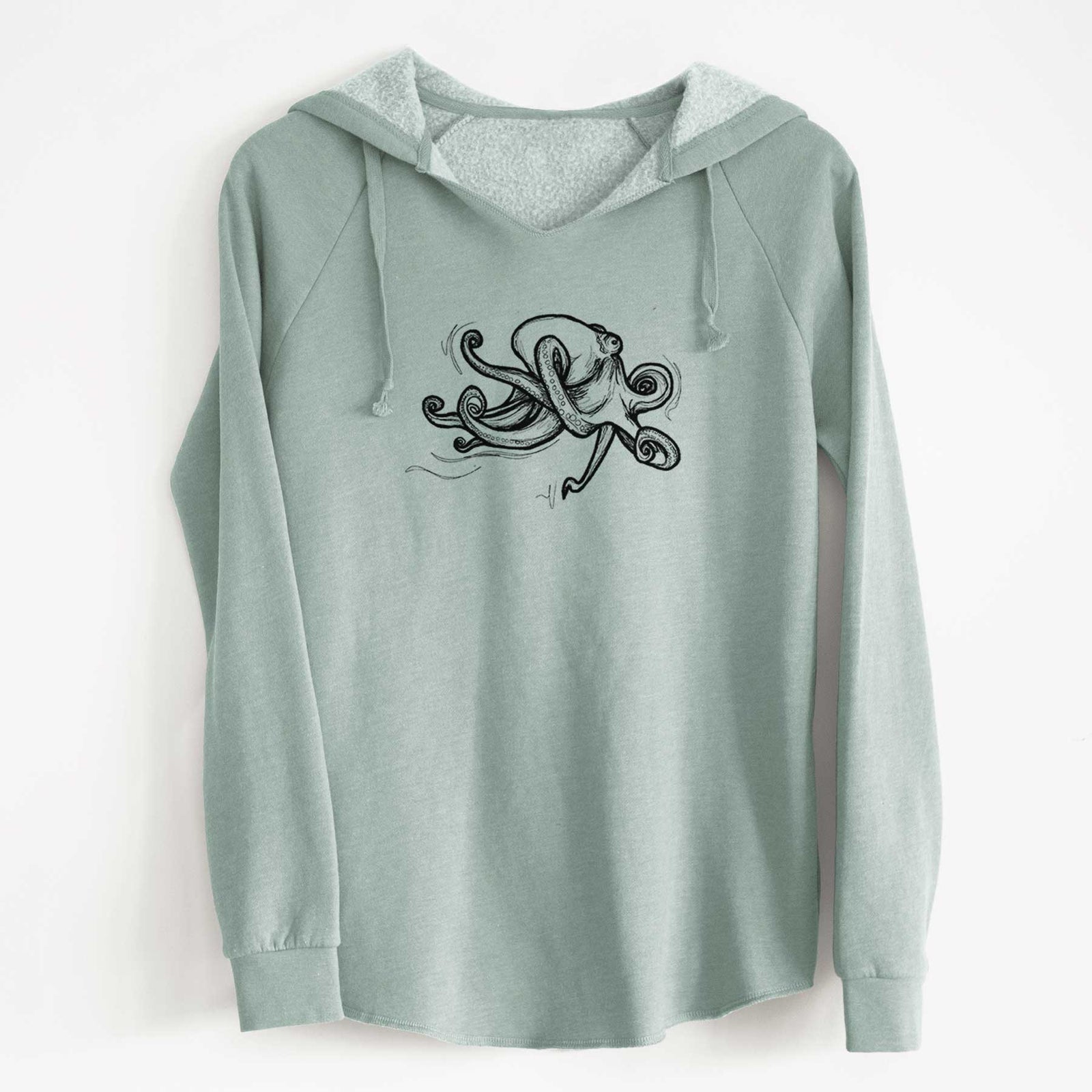 Sage green women's Cali Wave hooded sweatshirt laid flat, printed with a black ink illustration of a giant Pacific octopus with curling tentacles.
