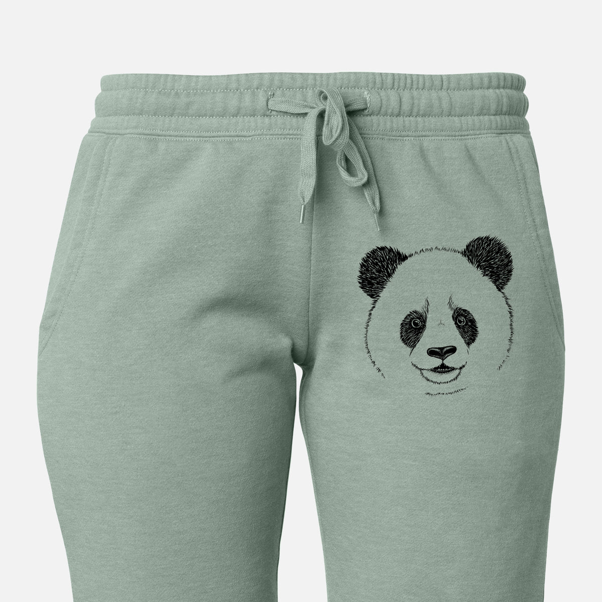 Front of sage green Cali Wave sweatpants, printed with a black ink portrait of a smiling giant panda's face on the leg.