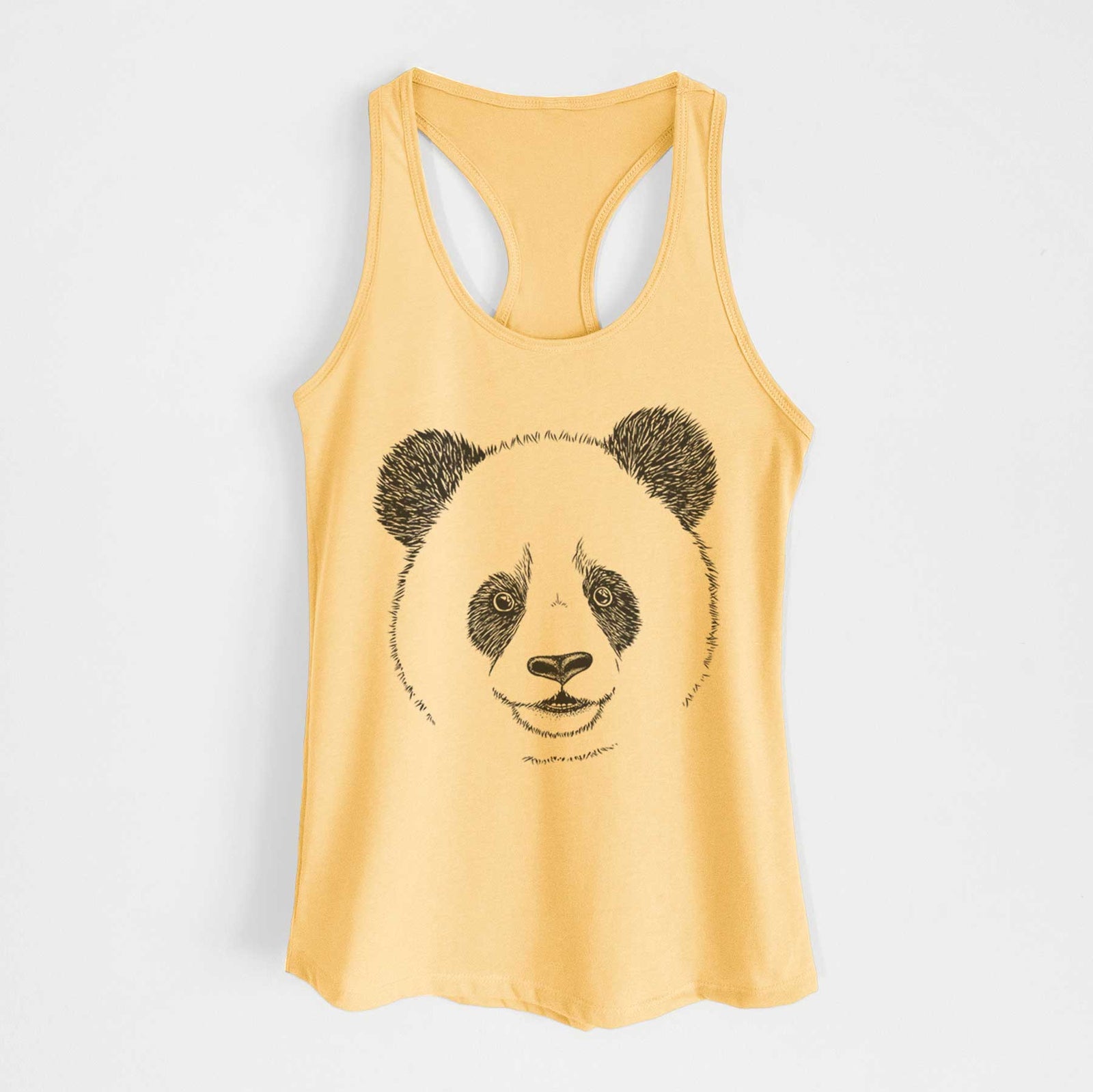 Banana cream women's racerback tank top laid flat, printed with a black ink portrait of a smiling giant panda's face.