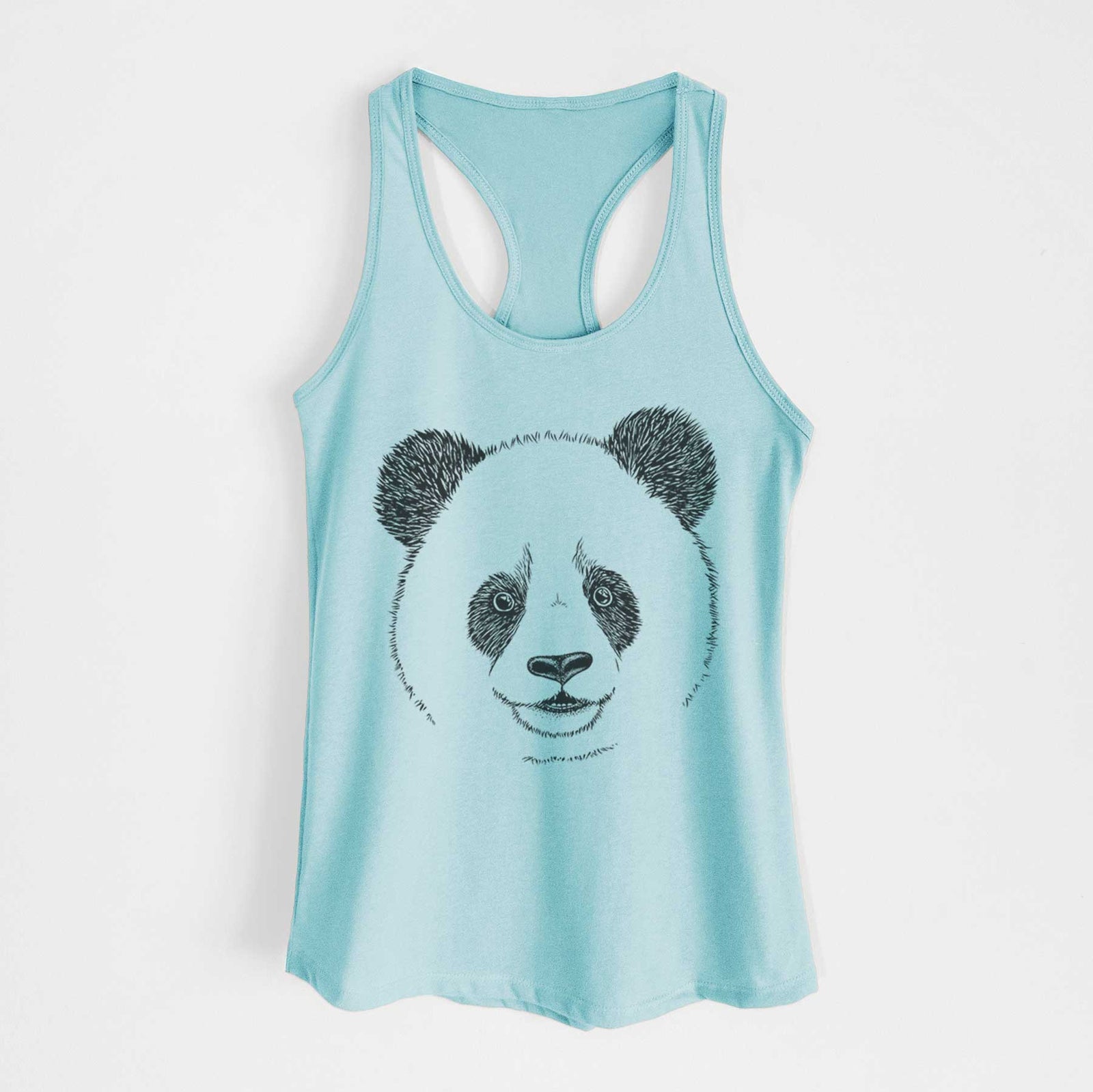 Banana cream women's racerback tank top laid flat, printed with a black ink portrait of a smiling giant panda's face.